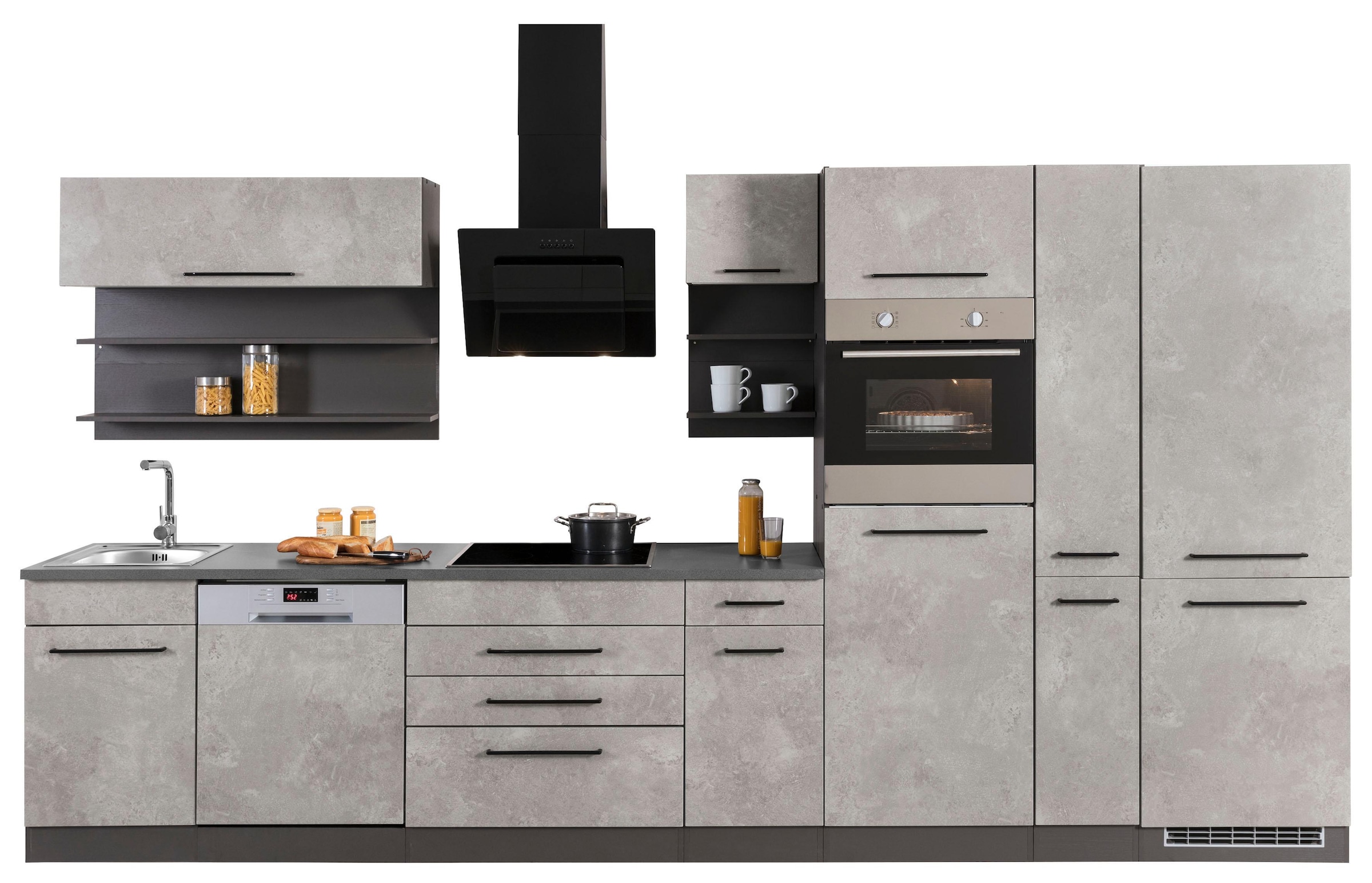 KOCHSTATION Küchenzeile »KS-Tulsa«, ohne E-Geräte, Breite 380 cm, schwarze Metallgriffe, MDF Fronten