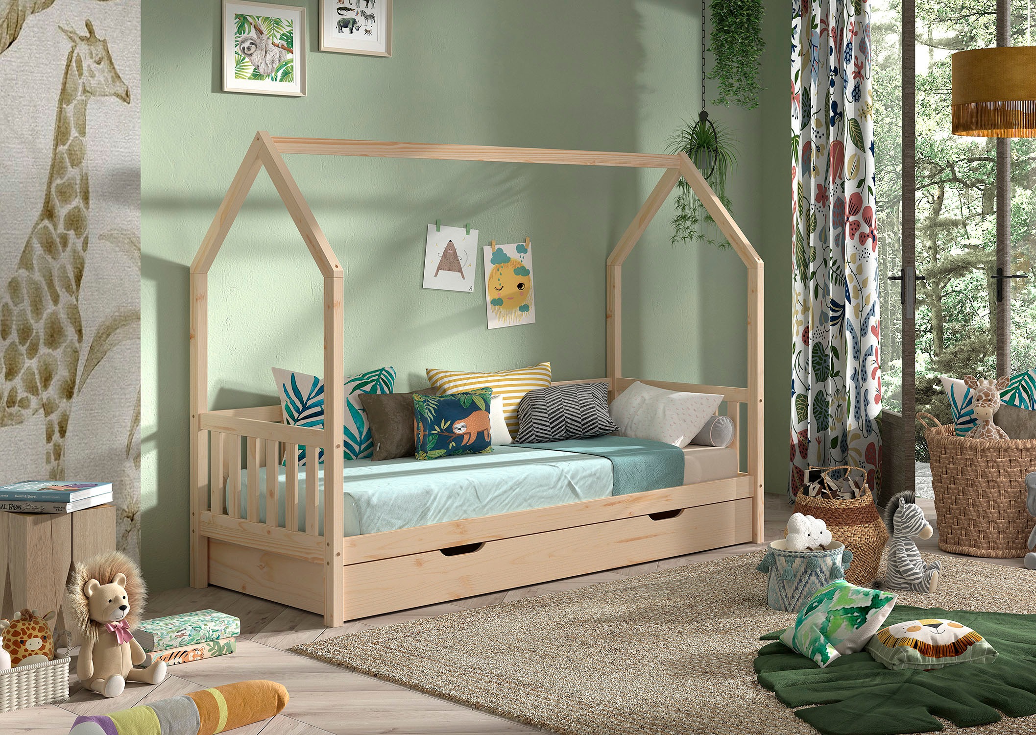 Vipack Hausbett »Cabane, mit Dachaufbau, Bettschublade auf Rollen u. Sprossenumrandung«, (B/H/T ca. 208x169x98 cm) aus massiver Eiche, Oberfläche Natur), sehr stabil und standfest gebaut inkl. Massivholz Rolllattenrost