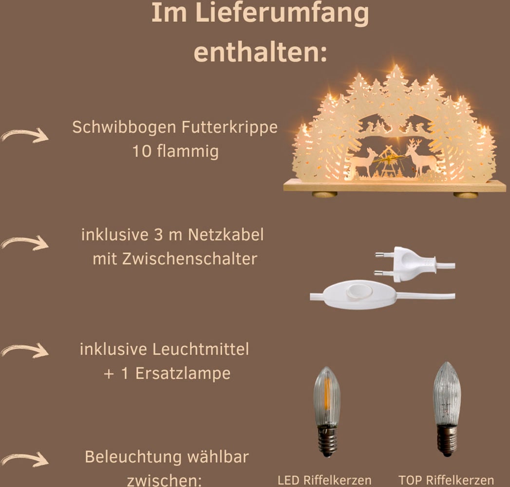 Weigla Schwibbogen »Futterkrippe mit echtem Heu, Lichterbogen aus Holz, NATUR«, Erzgebirge garantiert, Weihnachtsdeko Innen, Weihnachtsbeleuchtung