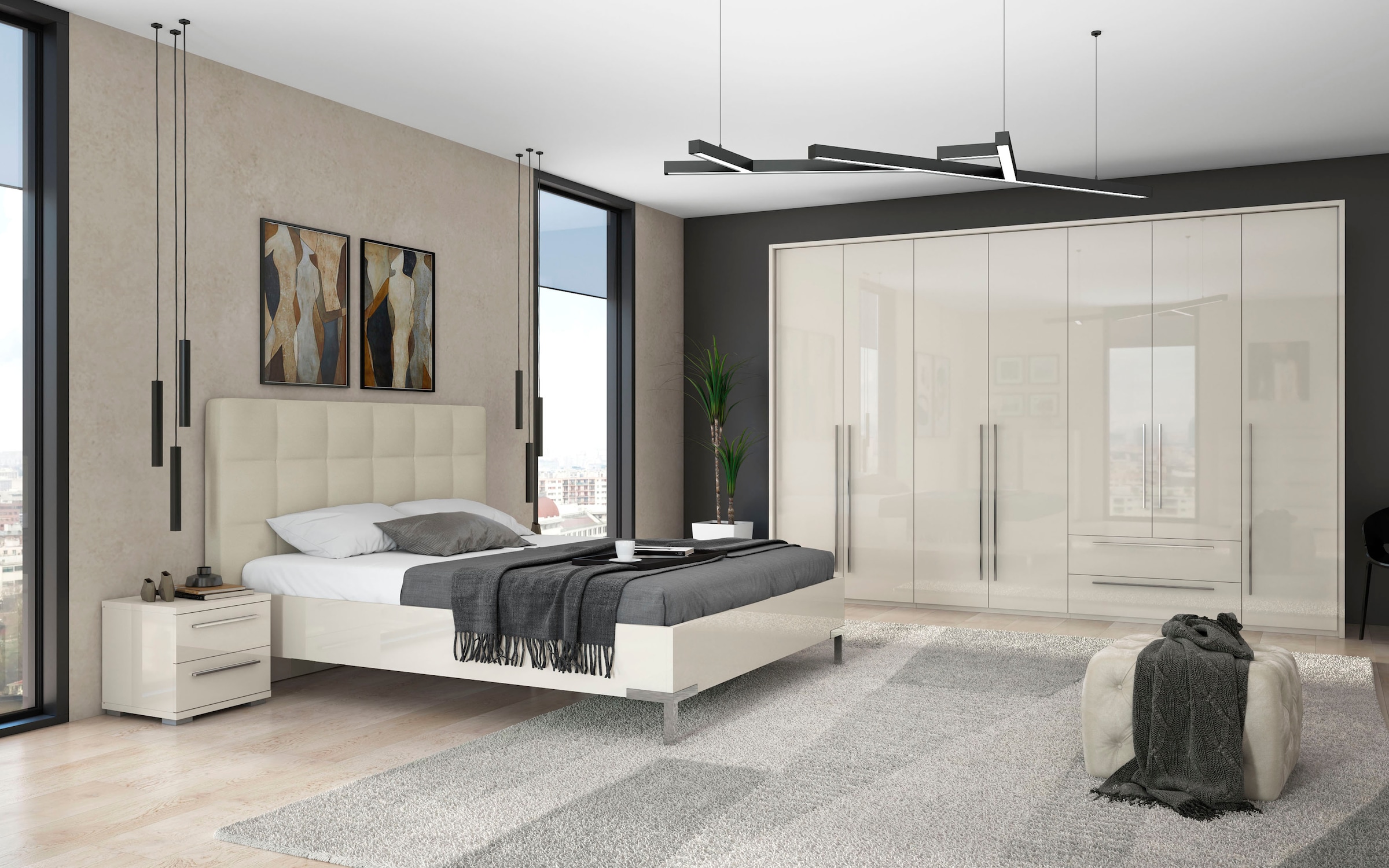 Places of Style Drehtürenschrank »Piano, inklusive Rahmen und Beleuchtung, soft-close-Funktion«, (viele Breiten zur Auswahl, 226cm hoch, mit jeweils 2 Schubladen), beige oder weiß, UV lackiert, Hochglanzfronten, FSC-zertifiziert