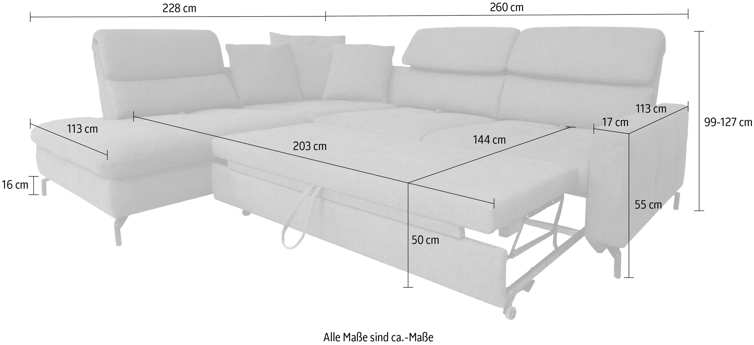 alina Ecksofa »Louis«, Breite 260 cm, Rückenlehnenverstellung, wahlweise mit Bettfunktion
