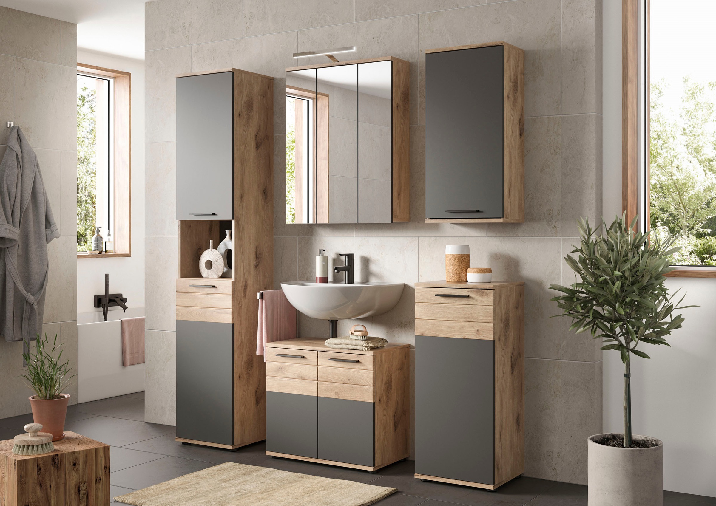 INOSIGN Badezimmerspiegelschrank »Riga, Breite 60cm, inkl. LED Beleuchtung, 3 Spiegeltüren, 9 Fächer«, (Set, 2 St.), Badmöbel, Badschrank, Schrank, Wandschrank, Bad, Badezimmer