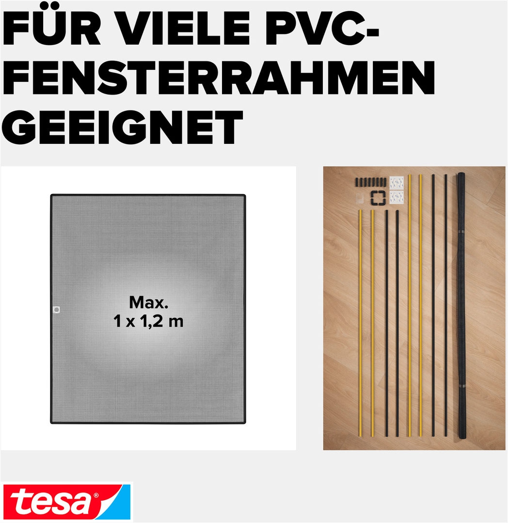 tesa Insektenschutz-Fensterrahmen »Anklips-Rahmen Fliegengitter für Fenster, Anthrazit (Durchsichtig)« Packung, inkl. Fiberglas-Netz in Anthrazit, Rahmen und Halteklip-Lösung, 1 Stk. tlg. INSECT STOP Netz aus Fiberglas, selbstklebende Halte-Klips