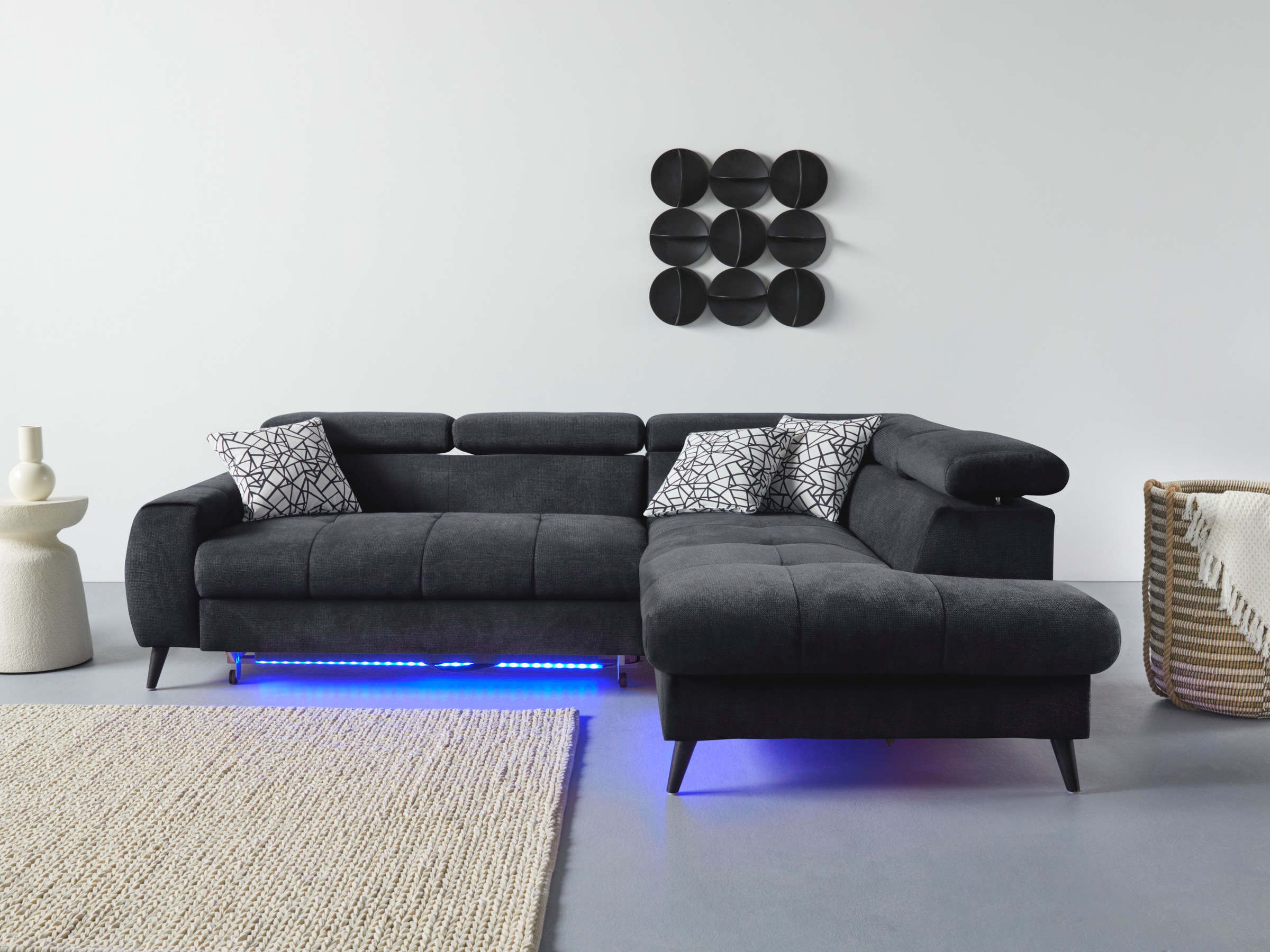 COTTA Ecksofa »Mia L-Form mit 3 Zierkissen«, wahlweise mit Bettfunktion, Bettkasten, Beleuchtung & Wireless-Charger