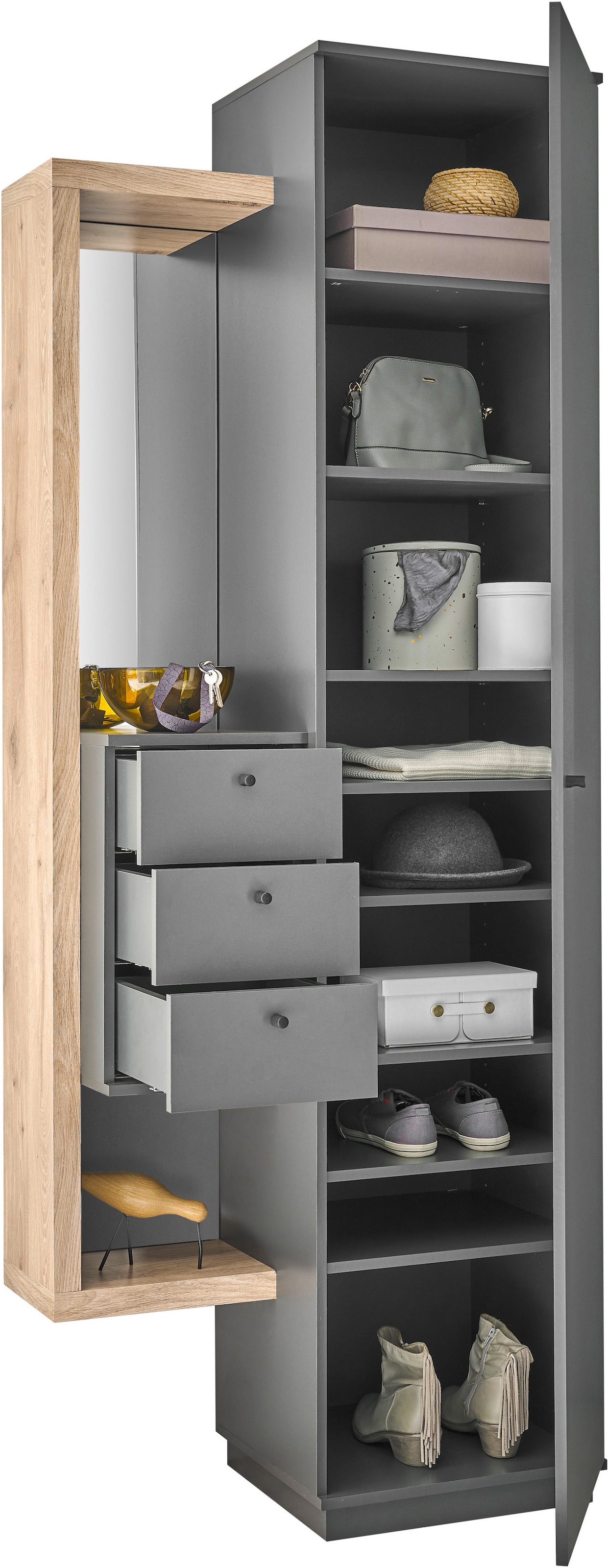 HBZ Garderobenschrank »Frame mit Spiegel, Flurgarderobe BxHxT 80x210x40 cm«, (1 St.), Mit 1 Tür, 1 Kleiderstange, 7 Einlegeböden, Kommode mit 3 Schubkästen