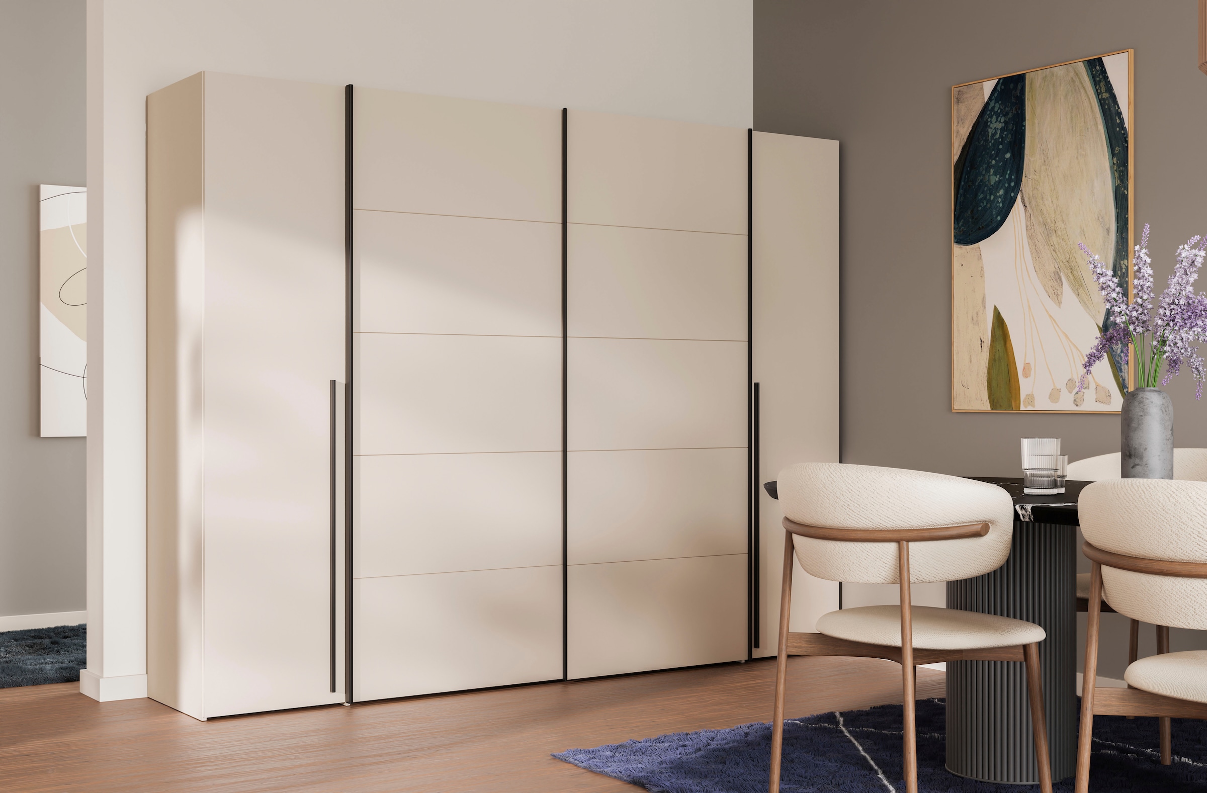 FORTE Dreh-/Schwebetürenschrank »Narago, OTTOs Choice, TOPSELLER, mittlere Paneele farblich wechselbar« B/H/T ca. 270x210X61cm, Farbe Weiß auch mit Spiegeln erhältlich,  gestalte die Schwebetüren einfarbig oder 2 farbig, Made in Europe