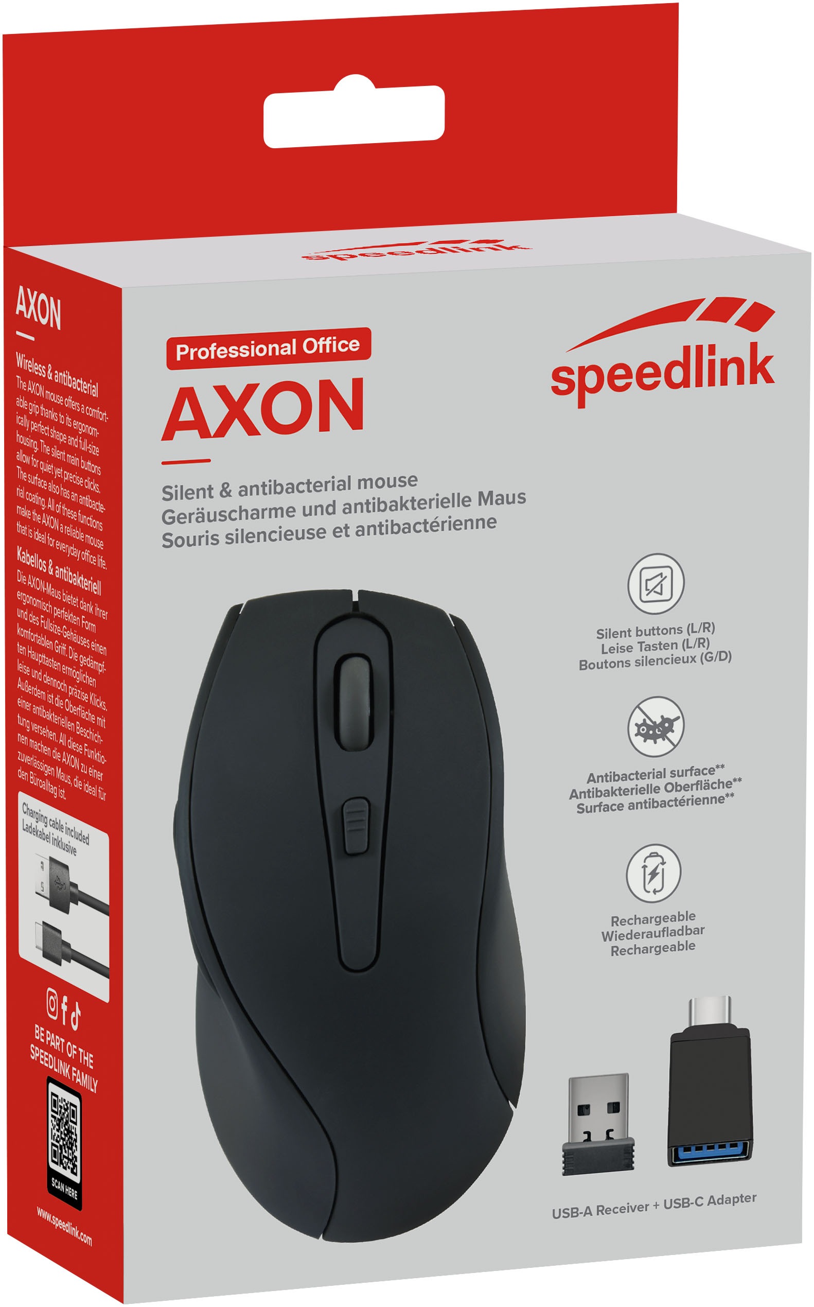 Speedlink ergonomische Maus »AXON Silent & Antibacterial Rechargeable - Wireless, USB-A/-C, schwarz«, USB, mit Akku wiederaufladbar, antibakterielle Oberfläche, ergonomisch