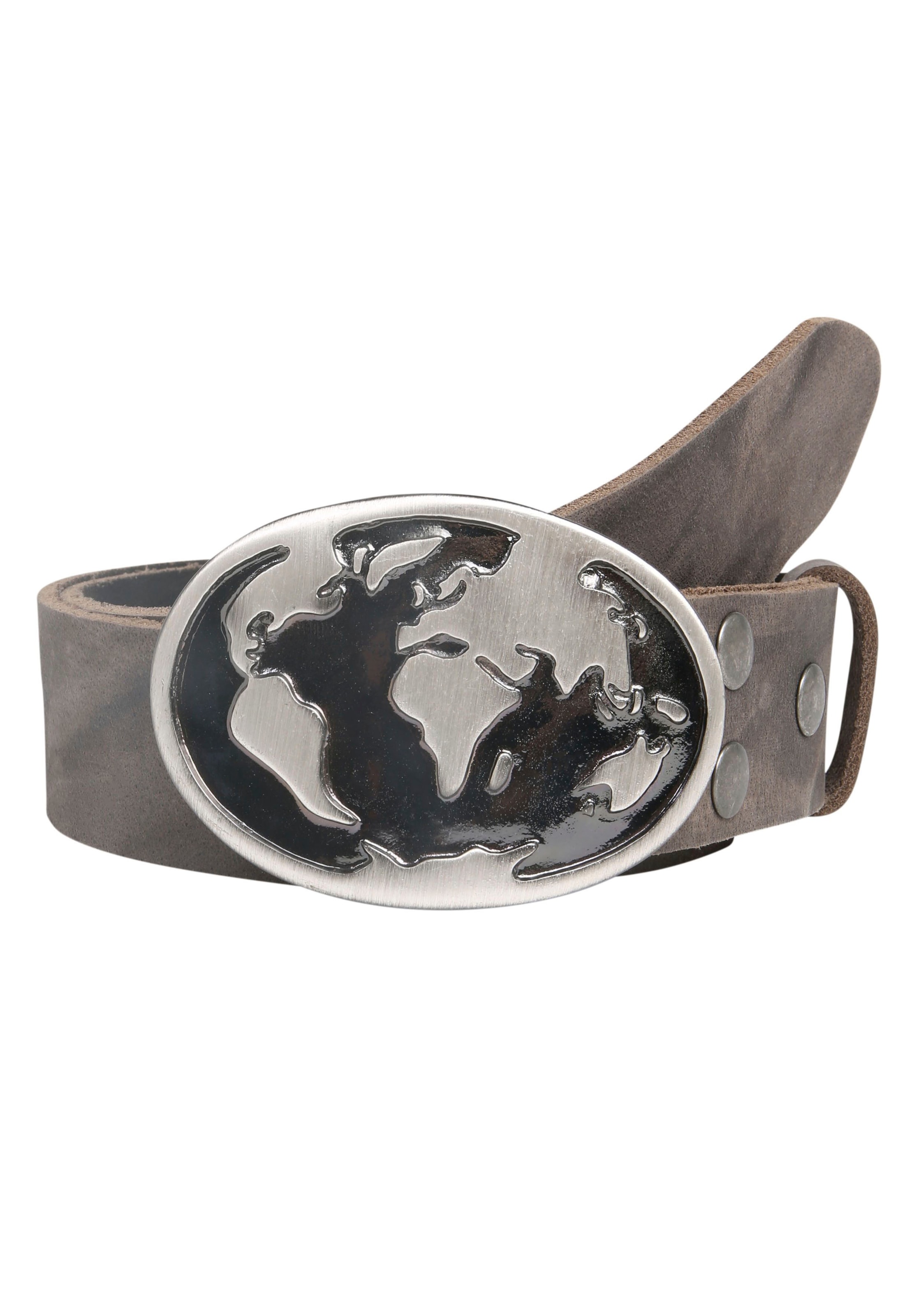 Rettungsring Gürtel Herren Ledergürtel mit Weltkarten-Schließe in grau, Größe 120