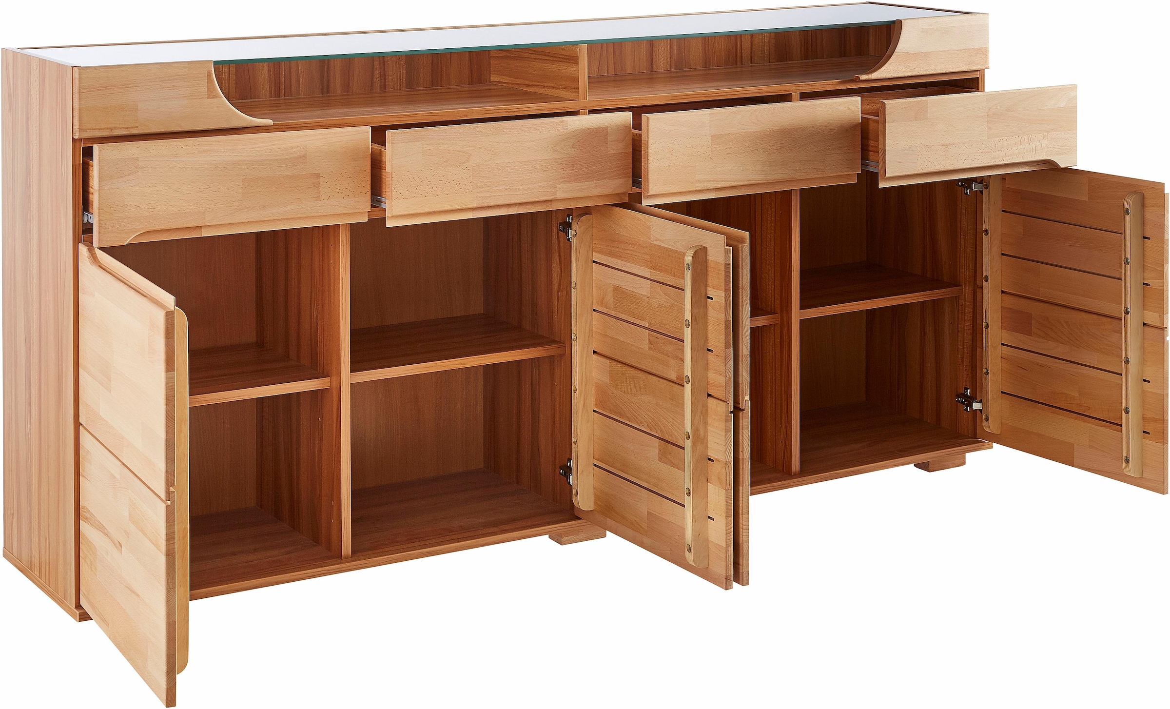 Home affaire Sideboard »Ribe,200cm breit,40 cm tief,4 Schubladen Oberplatte aus Glas«, Kernbuche massiv, Holzwerkstoff, 4Türen,4 Schubladen, Griffmulden