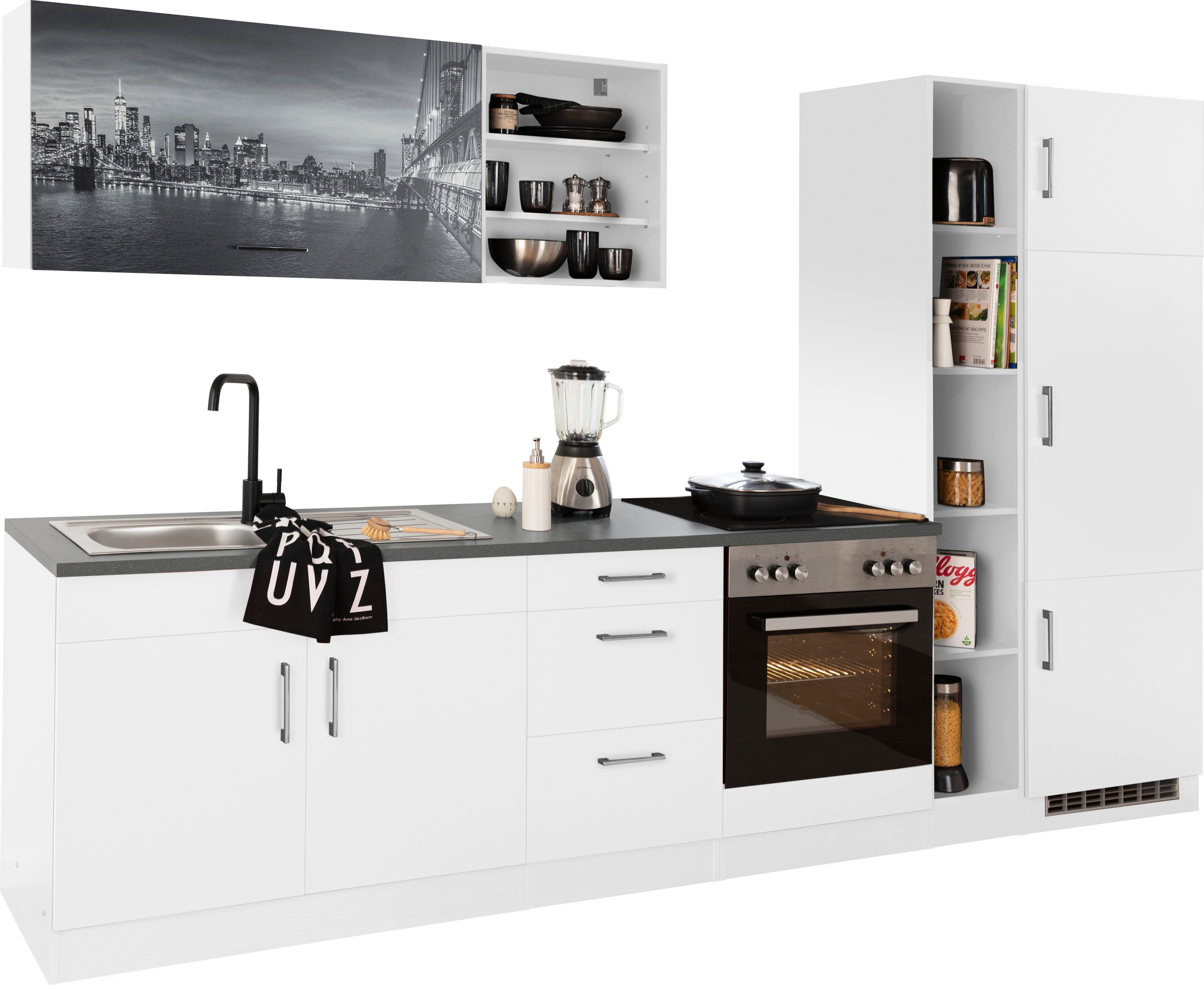 KOCHSTATION Küchenzeile »KS-Paris – Küchen mit einzigartigen Fotomotiven auf den Fronten« Breite 300 cm, wahlweise mit E-Geräten, mit Motivdruck