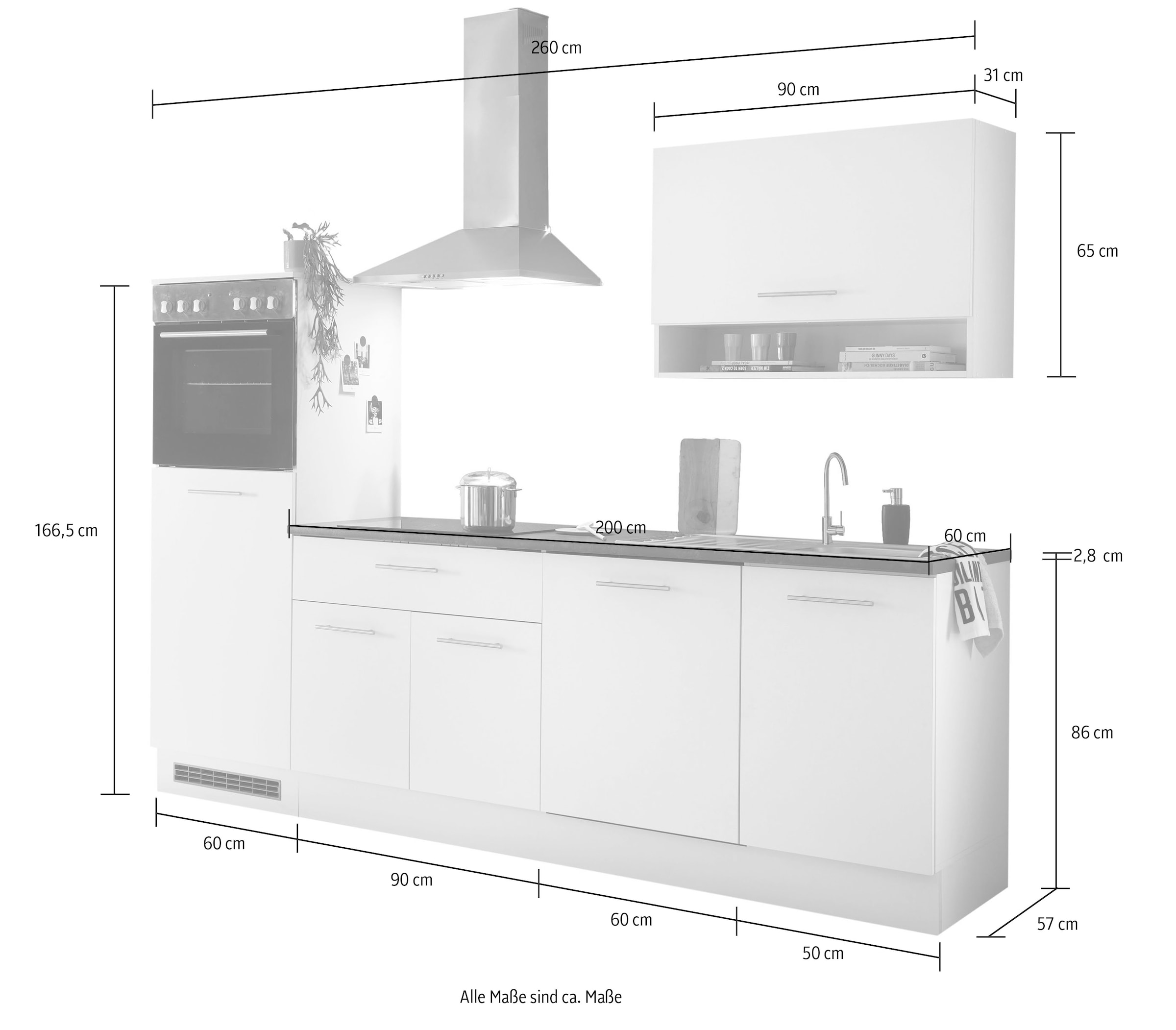 BASIC by Balculina Küchenzeile »Eddy«, Breite 260 cm, wahlweise mit mit E-Geräten