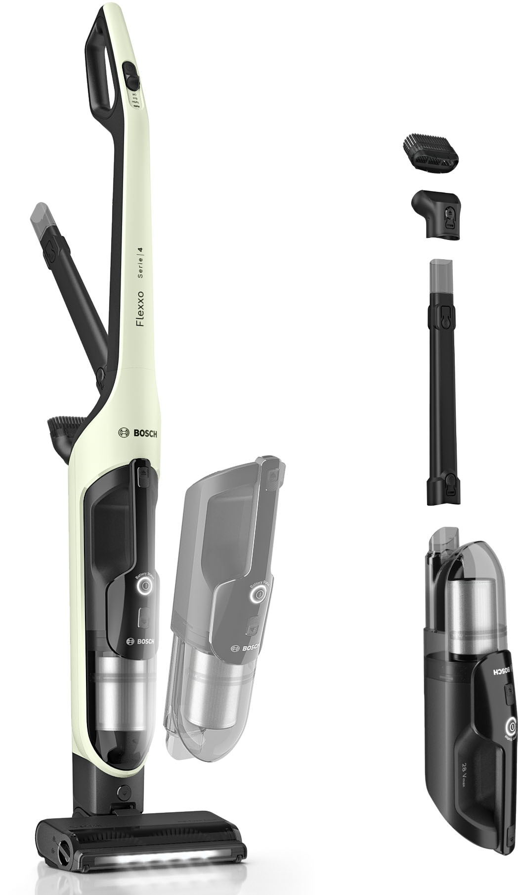BOSCH Akku-Stielstaubsauger »Flexxo Serie 4 BCH4FM28/BCH4SM28, 2in1 Akku-Staubsauger, freistehend« kabellos, integriertes Zubehör, beutellos, 60 Min. Laufzeit