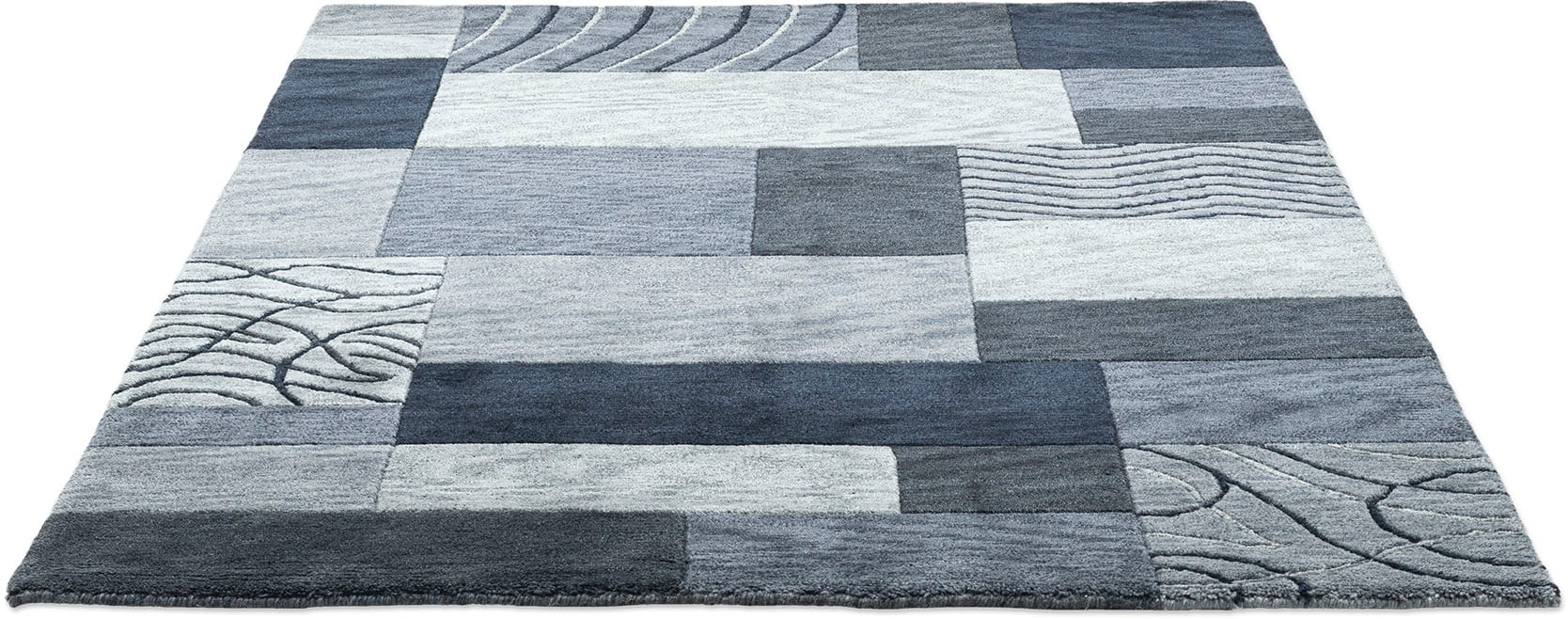 THEKO Wollteppich »Domas 4028«, rechteckig, 12 mm Höhe, Kurzflor, reine Wolle, handgeknüpft, modernes Patchwork Design
