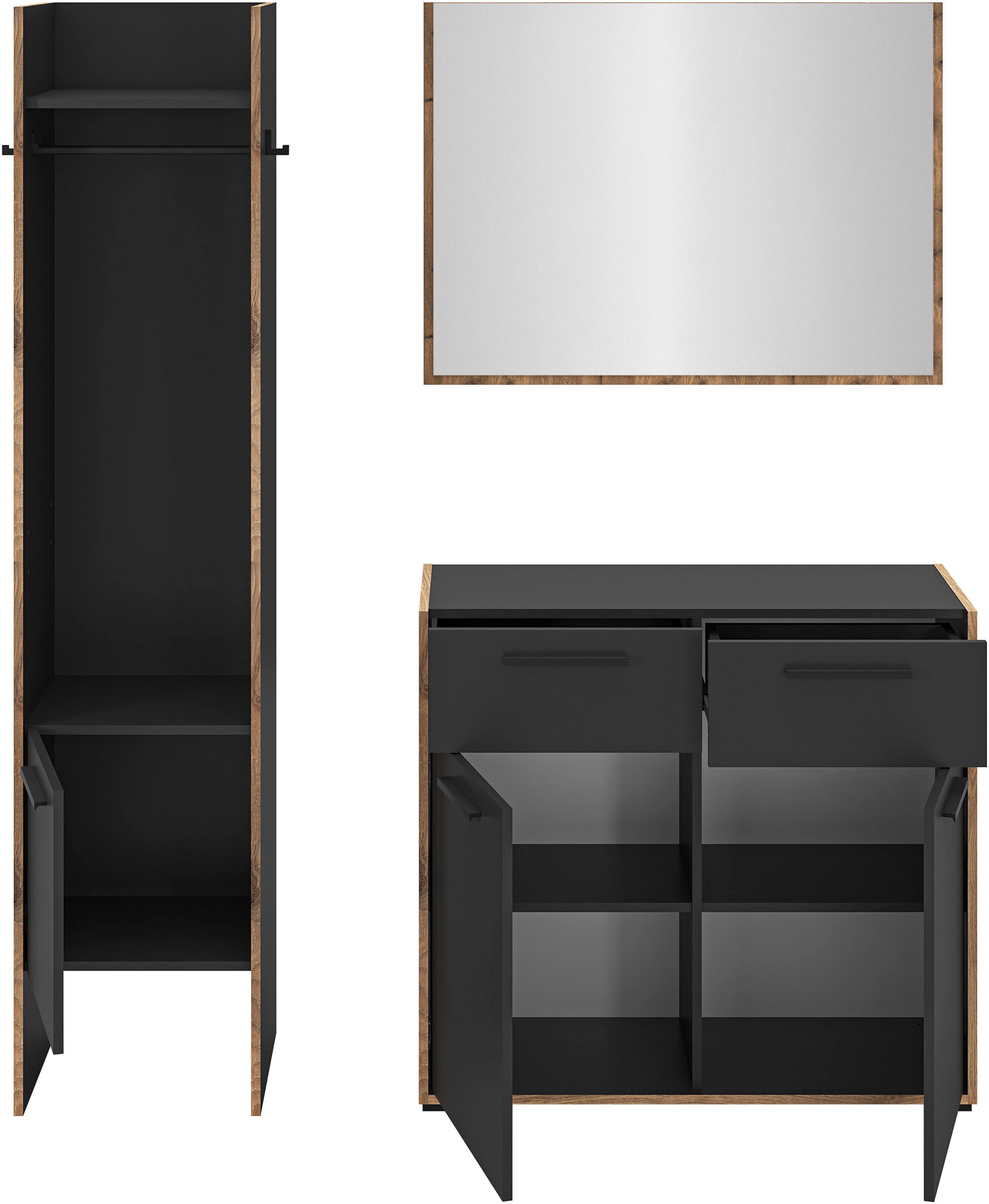 INOSIGN Garderoben-Set »MUSTA, 3-teilig: Garderobenschrank, Kommode & Garderobenspiegel«
