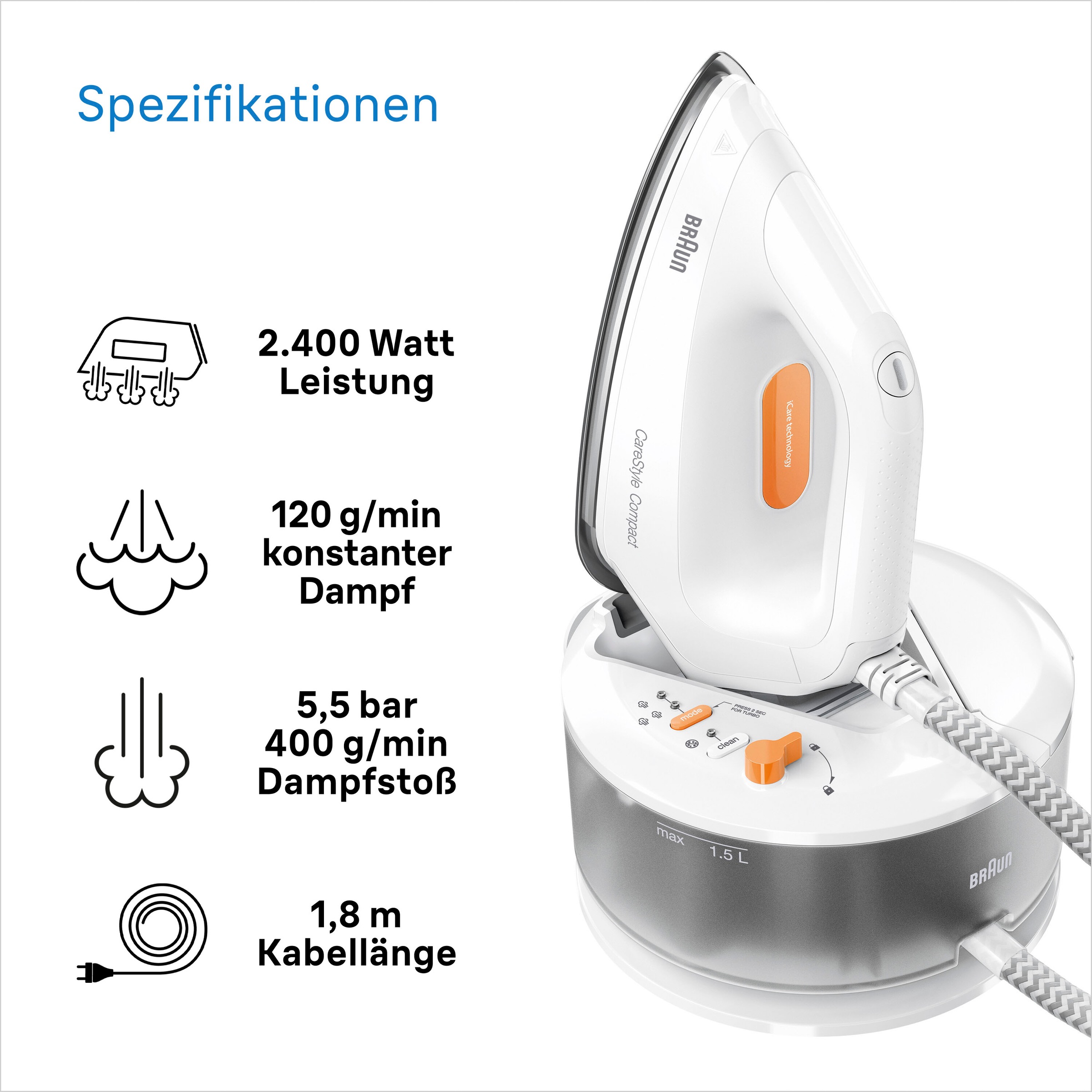 Braun Dampfbügelstation »CareStyle Compact IS2132WH«, weiß, max. Dampfmenge 400g/min, Rückwärtsbügeln über Knöpfe