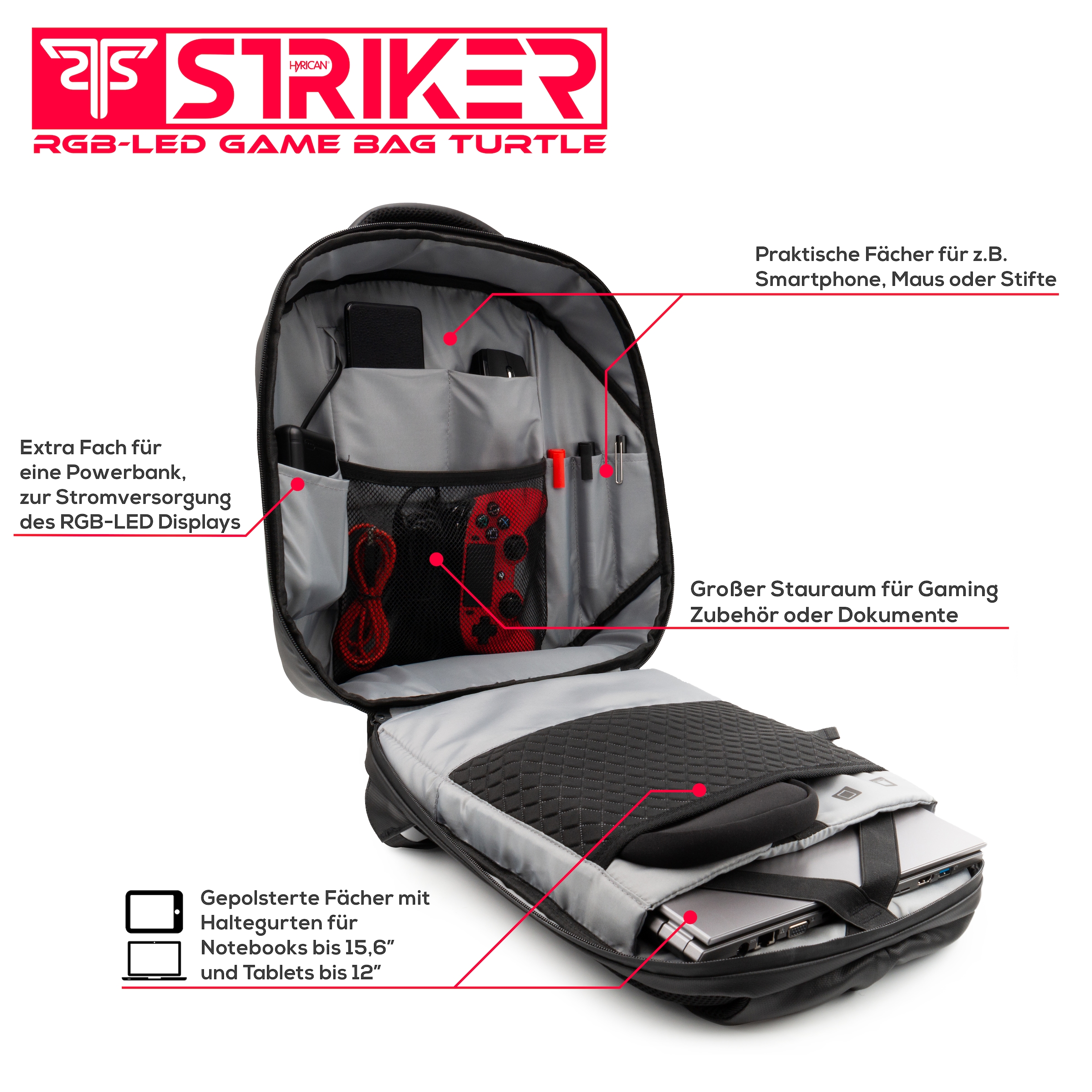 Hyrican Gaming-Laptoprucksack »Striker Game Bag TURTLE NOZ01495« mit App gesteuerte RBG-LED Display, wasserabweisend, gepolstert, für Notebooks bis 15,6 Zoll und Tablets bis 12 Zoll, Geheimfach