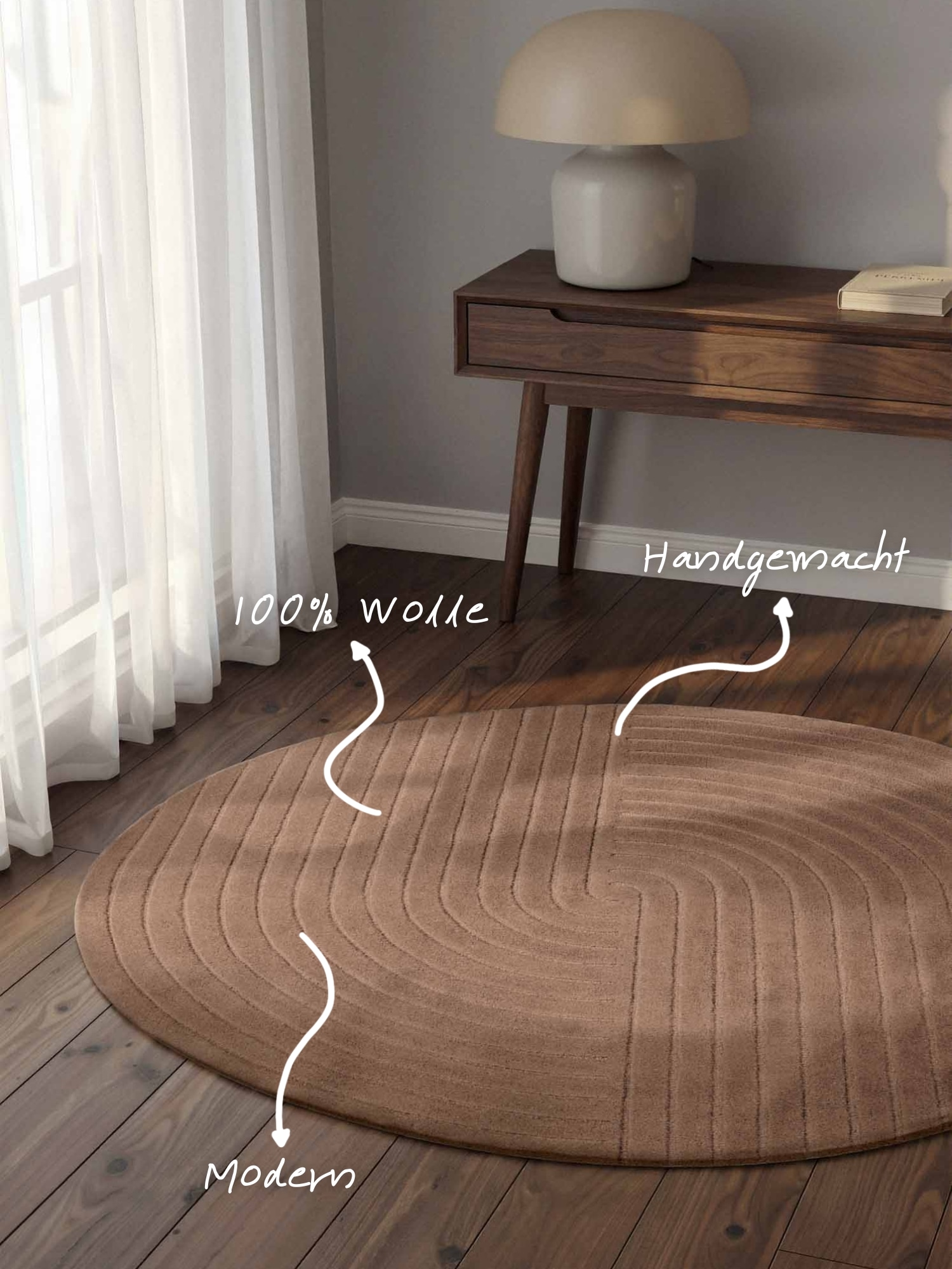 vikosa Wollteppich »Arcura« rund 15 mm Höhe Wolle Handgemacht, Hoch-Tief-Effekt, Geometrisches Linien Wellendesign