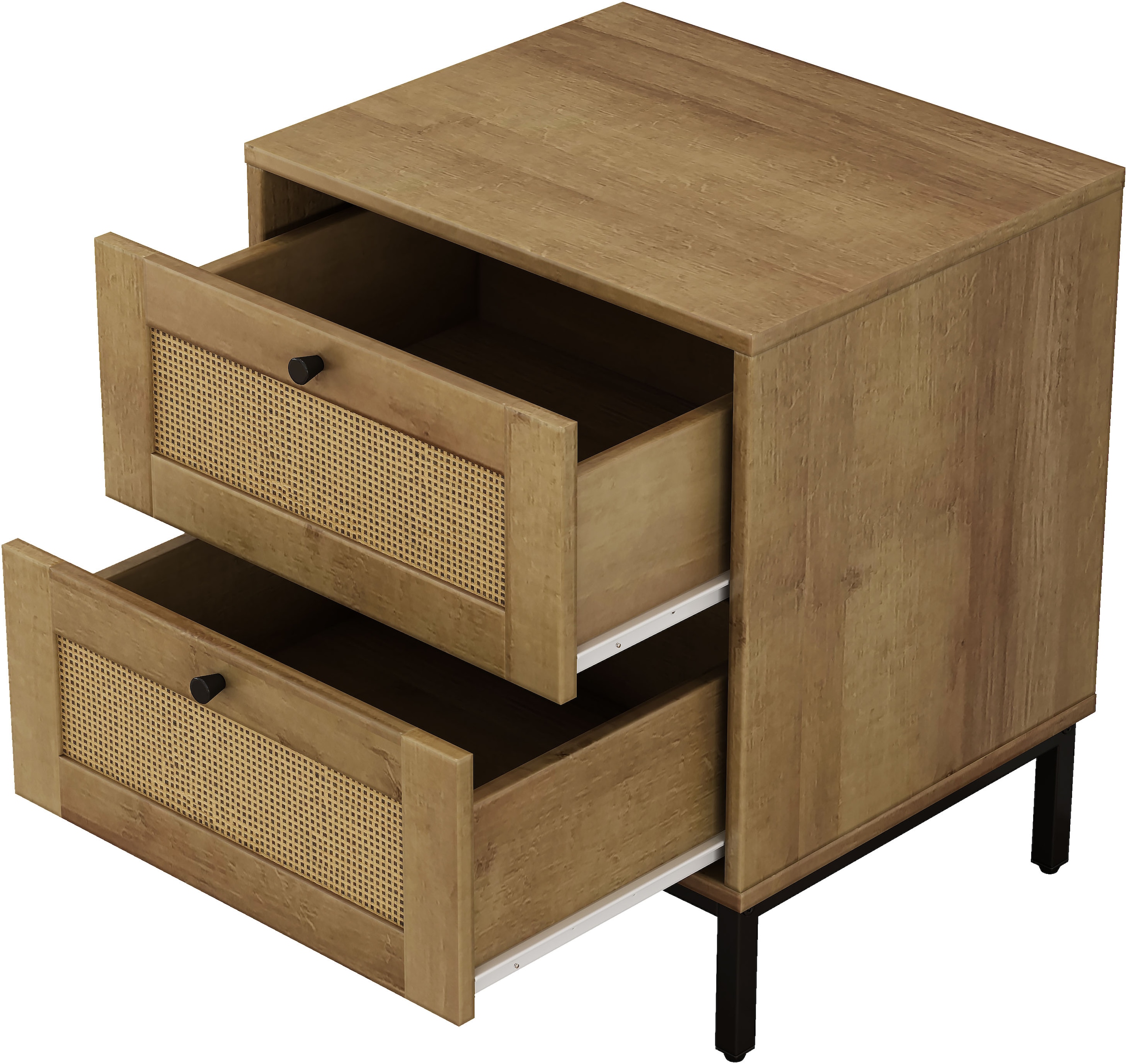 OTTO home Nachtkommode »Motala Nachtschrank Set BOHO Style mit Geflecht Schubladen Bestseller« Set, 2 Schränke im Set - Eichen-Design mit schwarzen Griffen, 