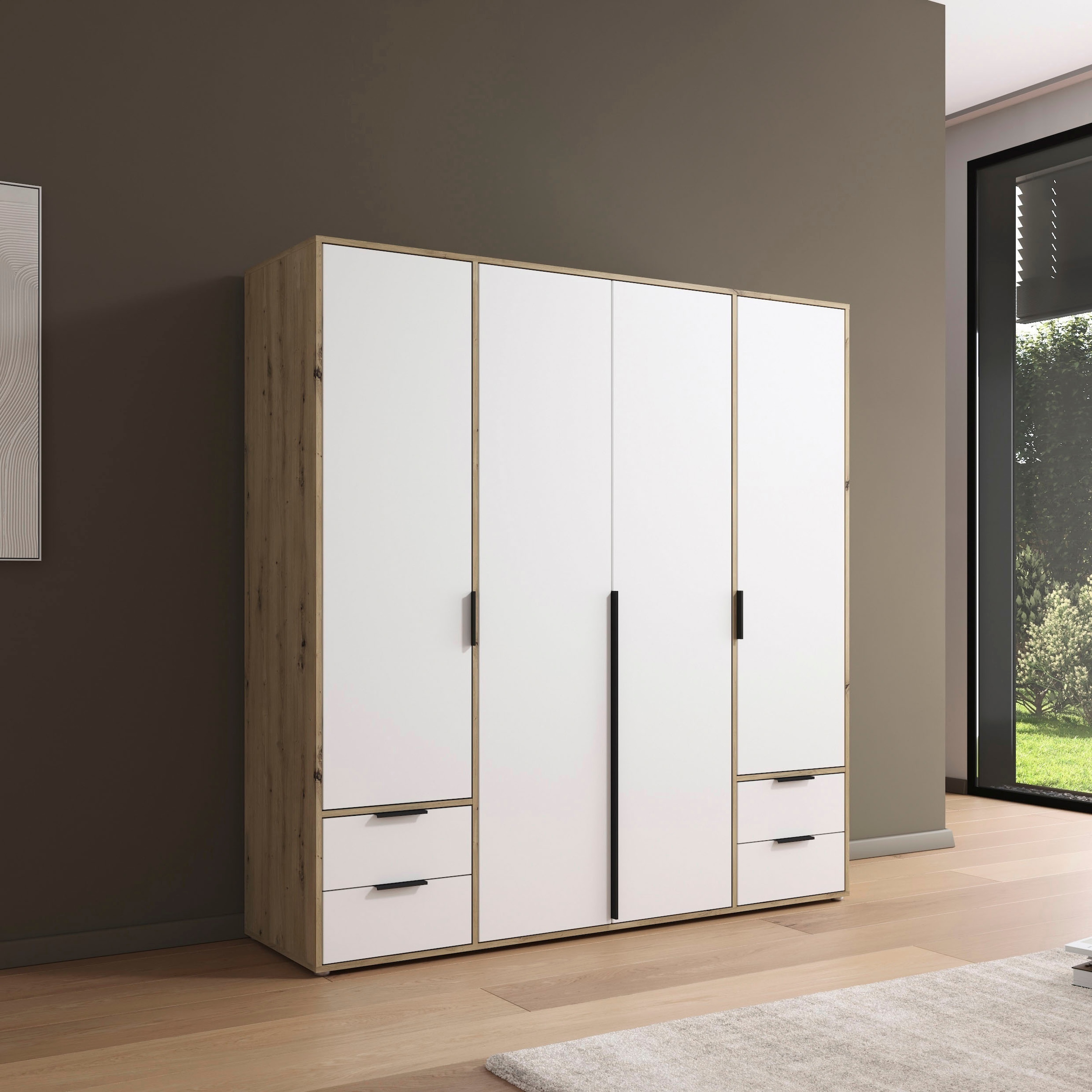 rauch Drehtürenschrank »Kleiderschrank Schrank Garderobe Wäscheschrank NAGATA viel Stauraum«, (in 3 verschiedenen Ausstattungen BASIC/CLASSIC/PREMIUM), mit Schubladen sowie Stangengriffen TOPSELLER MADE IN GERMANY