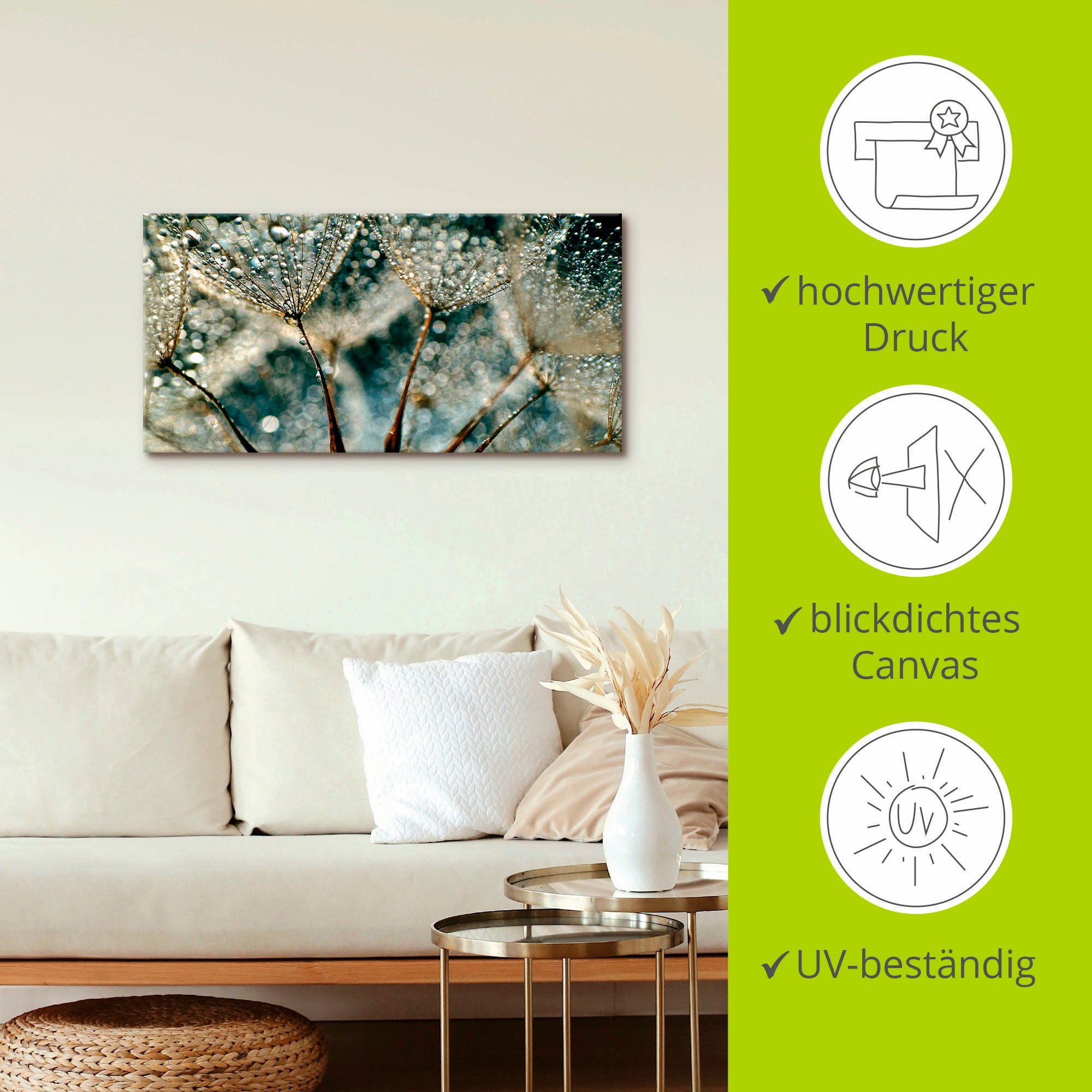 Artland Wandbild »Pusteblume Regenschauer«, Blumen, (1 St.), als Alubild, Outdoorbild, Leinwandbild, Poster, Wandaufkleber