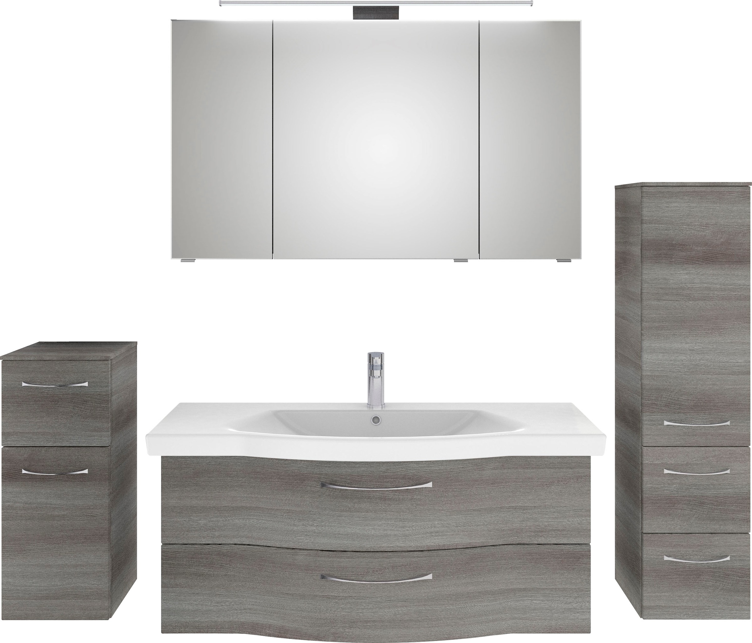 Saphir Badmöbel-Set »6005 Sprint 4-teilig, Keramik-Waschtisch mit LED-Spiegelschrank«, (5 St.), Unterschrank, Midischrank, inkl. Türdämpfer, 5 Türen, 5 Schubladen