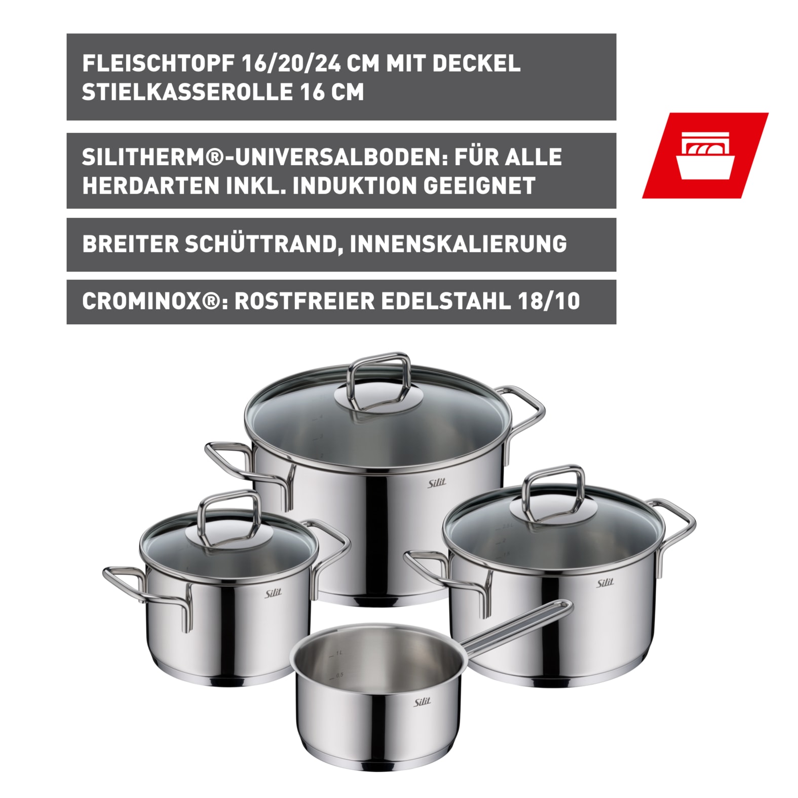 Silit Topf-Set »Extra Cook«, Edelstahl 18/10, (Set, 7 tlg., 4-teiliges Kochgeschirr-Set), SiliTherm Universalboden, induktionsgeeignet, spülmaschinengeeignet