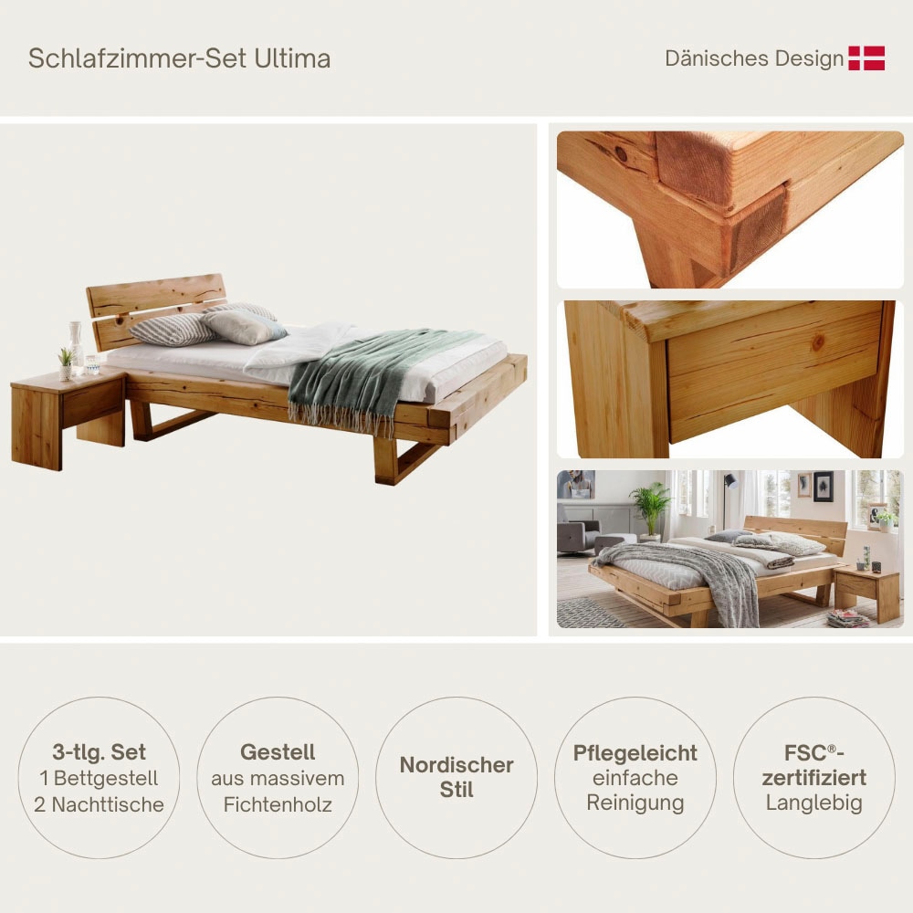Home affaire Schlafzimmer-Set »Ultima, 3-tlg., Bettgestell & 2 Nachttische aus massivem Fichtenholz« Liegefläche 180x200cm, Belastbarkeit je Seite bis zu 200kg, 
