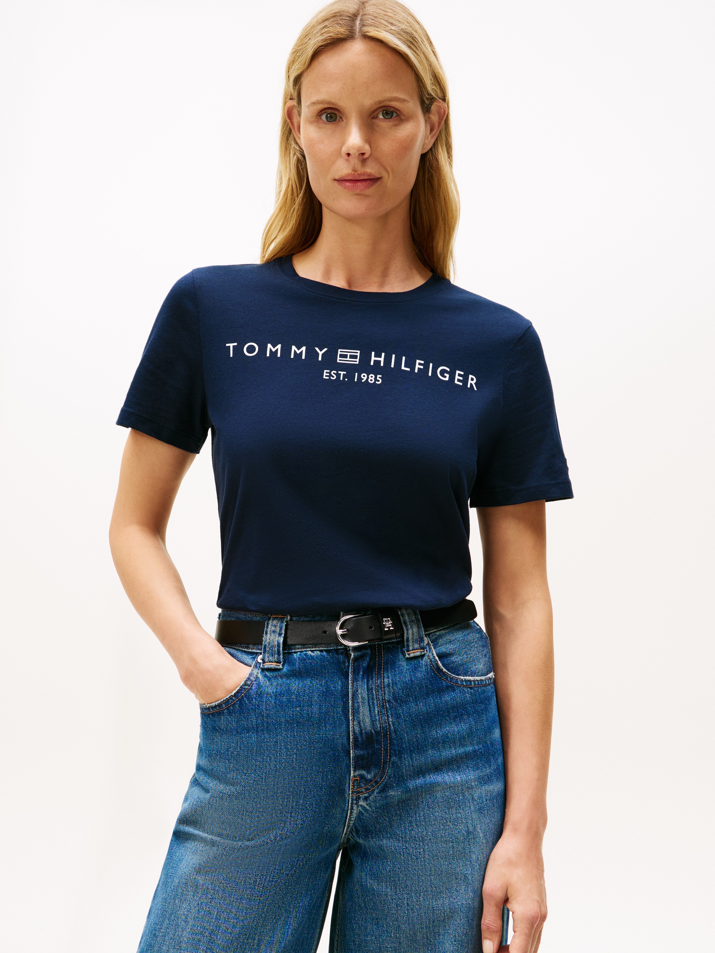 Tommy Hilfiger T-Shirt »REG CORP LOGO C-NK mit Logoschriftzug und Stickerei«, meliert, casual, regular fit, Baumwolle, Rundhals