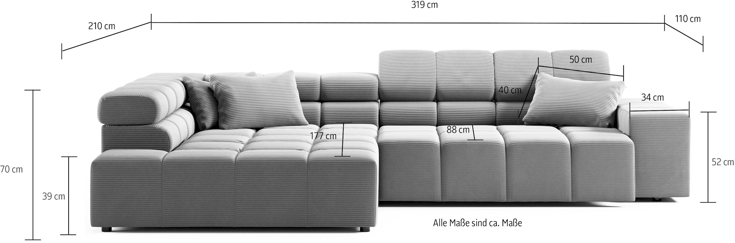 INOSIGN Ecksofa »Ancona incl. Kopfteilverstellung, Zierkissen Breite 319cm, L-Form«, wahlweise motorische Sitztiefenverstellung, auch in Cord + Easy Care