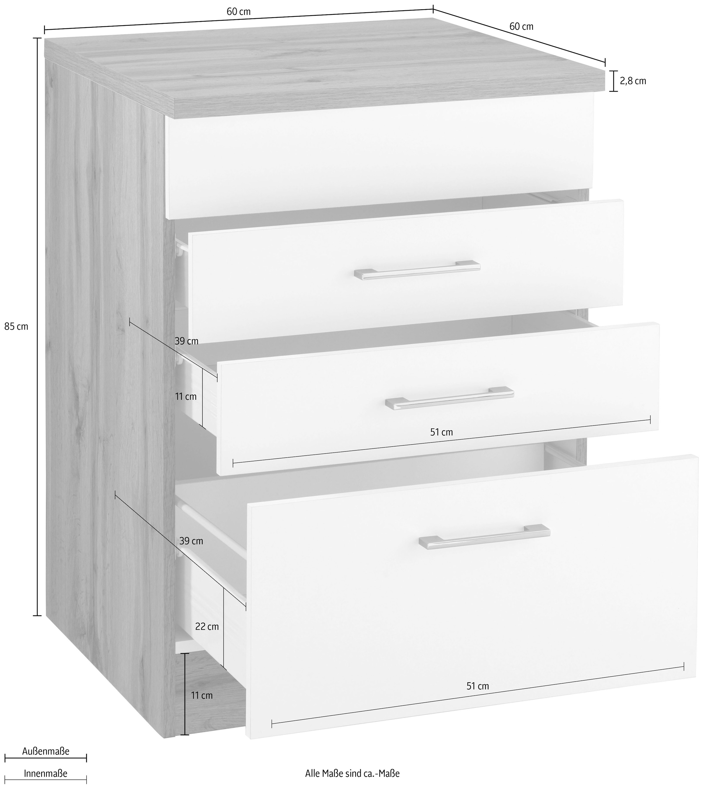 KOCHSTATION Kochfeldumbauschrank »KS-Colmar«, 60 cm, mit Metallgriff, 2 Schubkästen und 1 Auszug