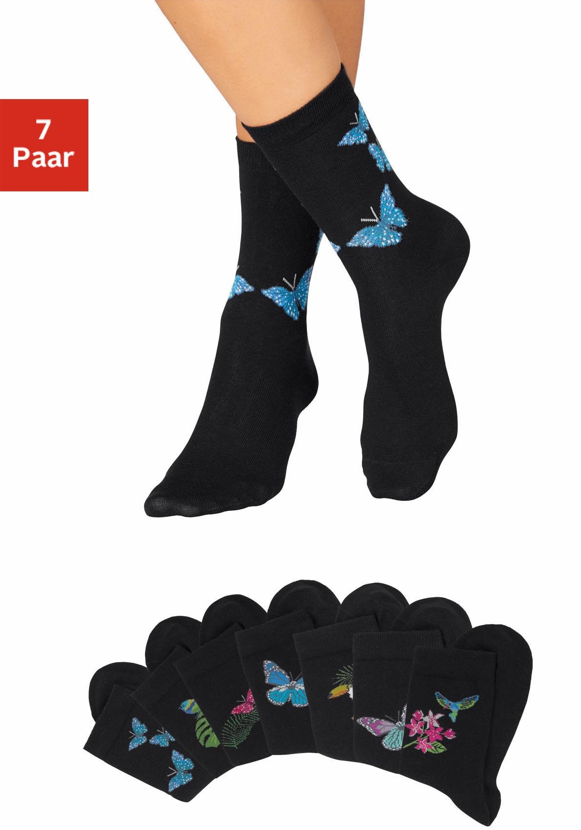 Socken, (Packung, 7 Paar), mit Schmetterlings- und Vogelmotiven