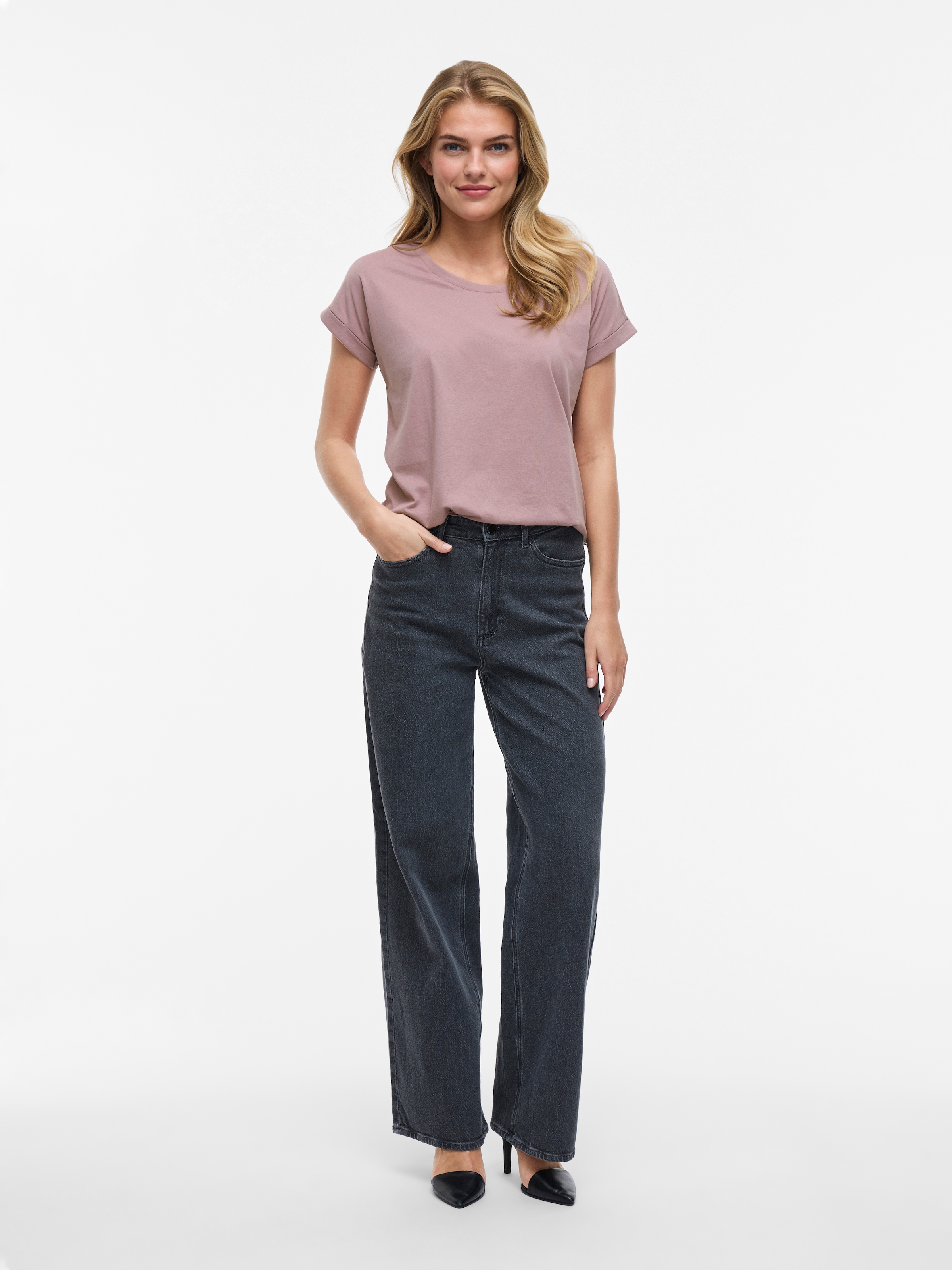 Vila Rundhalsshirt »VIDREAMERS NEW PURE T-SHIRT/SU-NOOS«, Basic Damen-T-Shirt mit Rundhalsausschnitt und umgeschlagenen Ärmeln