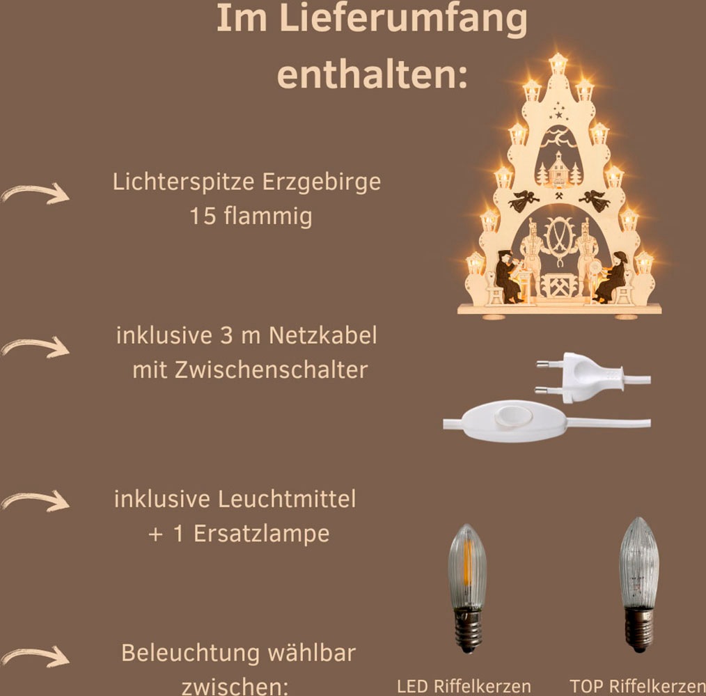 Weigla LED Schwibbogen »Erzgebirge, große Lichterspitze, Bergmann NATUR-BRAUN«, Erzgebirge garantiert, Weihnachtsdeko Innen, Weihnachtsbeleuchtung