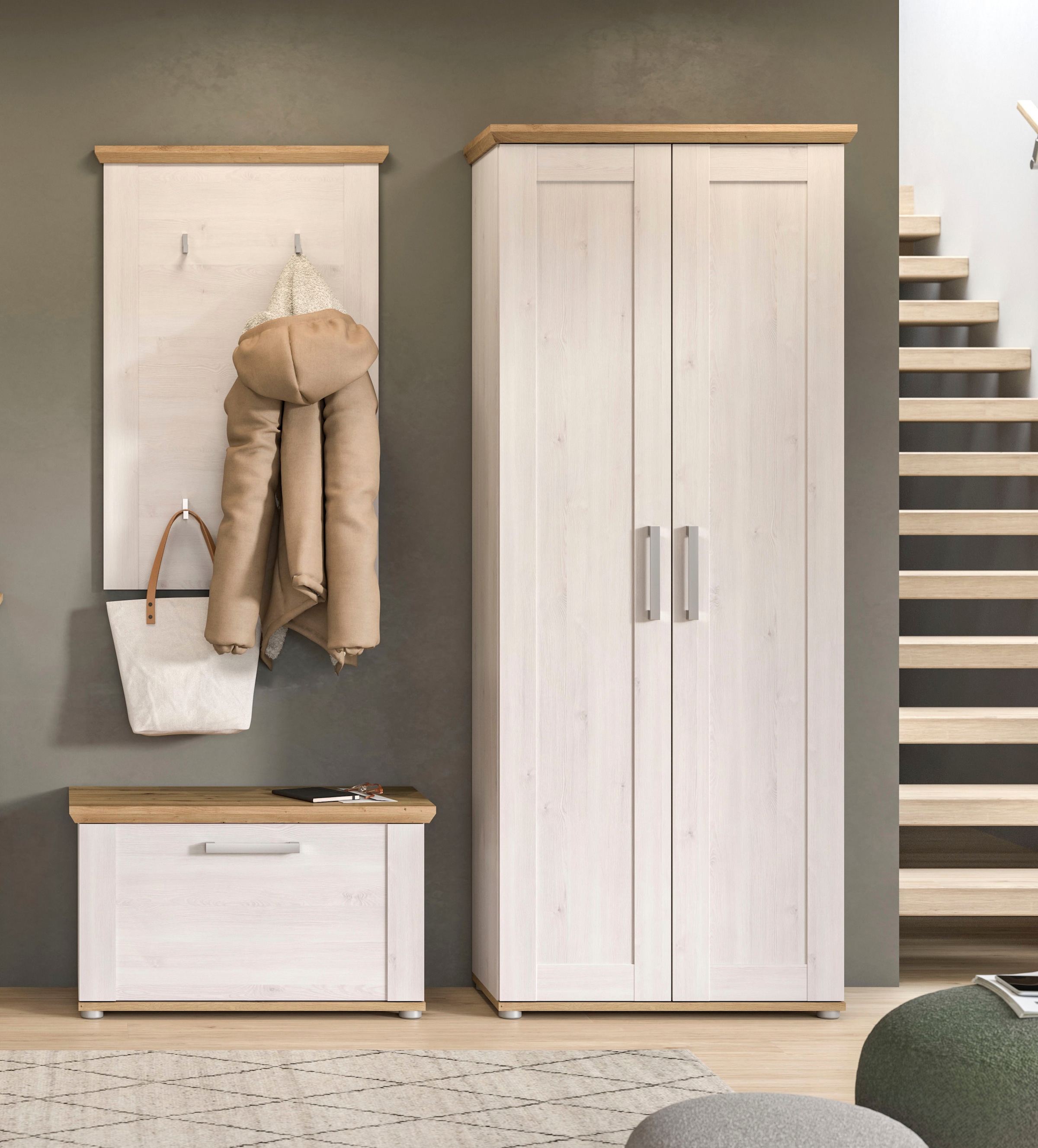 Home affaire Garderoben-Set »Cosenza, Breite ca. 175 cm, 2-farbig, 3-teilig, bestehend aus:«, (3 St.), Garderobenschrank, Sitzbank, Garderobenpaneel, in Landhausoptik
