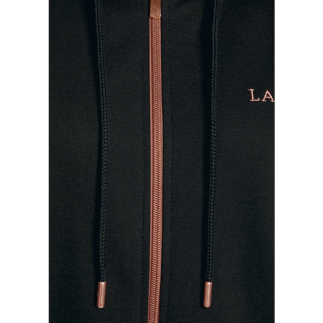 LASCANA Kapuzensweatjacke »Homewear«, mit kupferfarbenen Reißverschluss und  Logostickerei, Loungeanzug bei OTTO