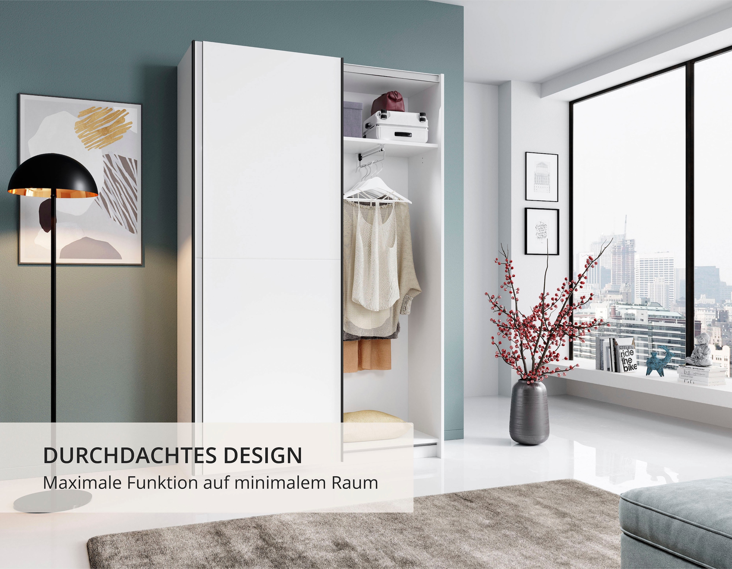 Schlafkontor Schwebetürenschrank »Heimo/Fast Schrank Kleiderschrank Garderobe«, geringe Tiefe, ausziehbarer Kleiderstange, Garderobenschrank, 6 Böden