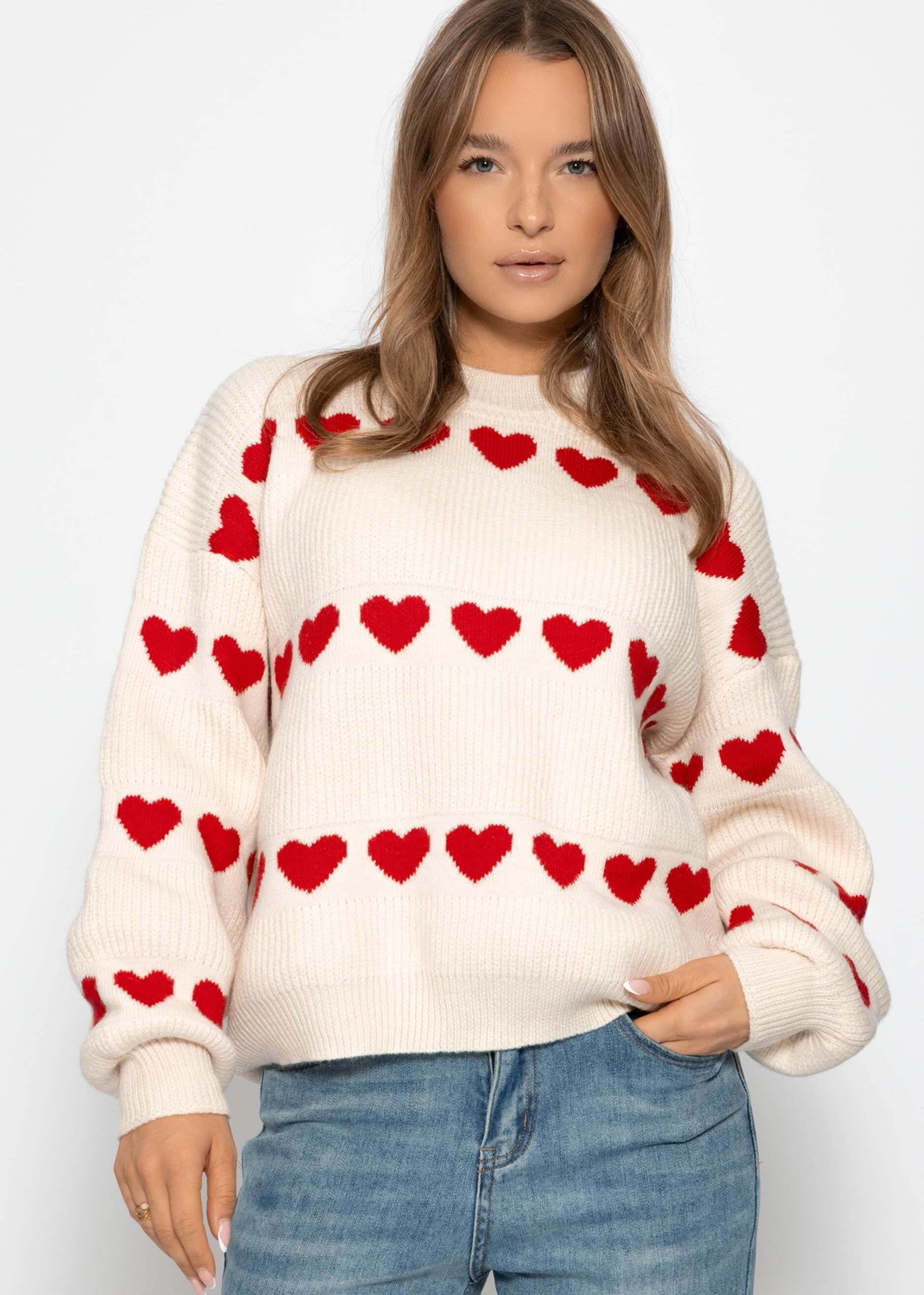 SASSYCLASSY Strickpullover »Oversize Pullover mit roten Herzen« Weicher Strickpullover mit Wollanteil und Rundhalsausschnitt Offwhite