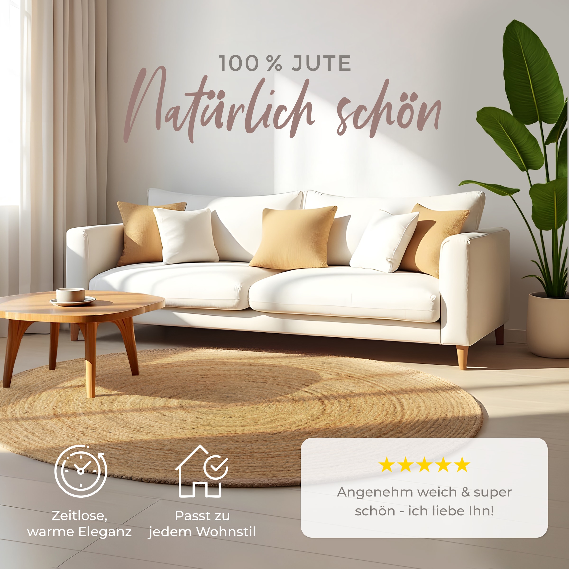 carpetfine Teppich »Nele Juteteppich Naturfaser«, rund, 6 mm Höhe, geflochtener Wendeteppich aus 100%Jute, in rund und oval, viele Größen