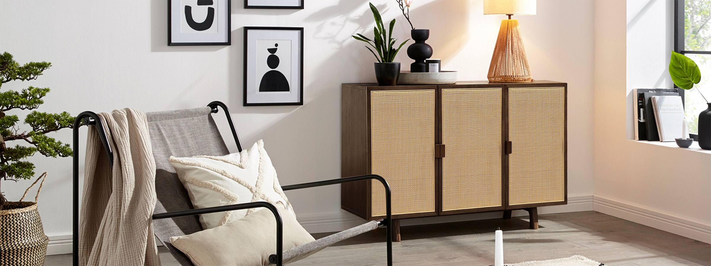 LeGer Home by Lena Gercke Sideboard »Lina« Sideboard, Melinoberflächen,  Mit Rattan Einsatz, 4 Innenfächer, teilmassiv