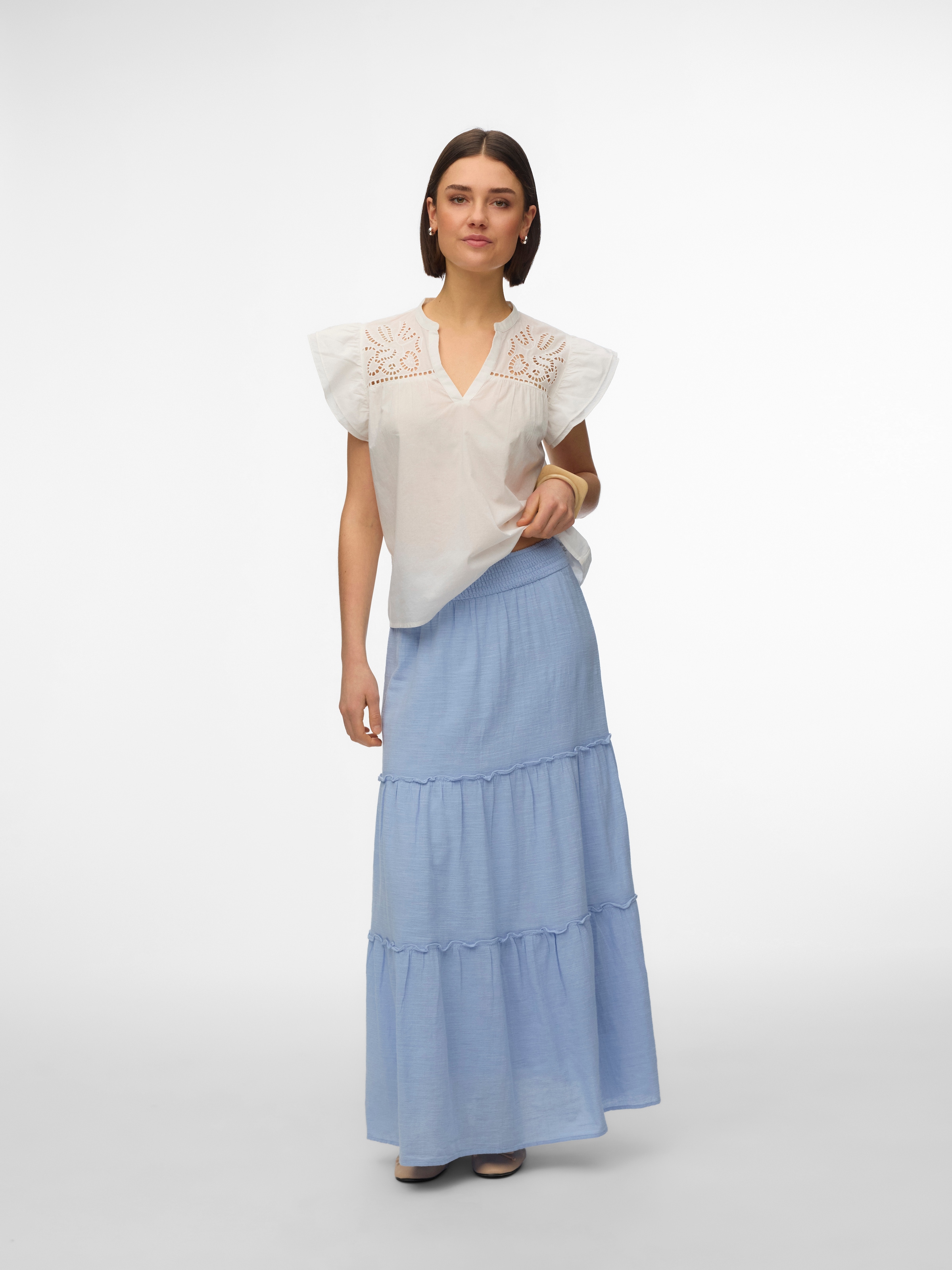 Vero Moda Kurzarmbluse »VMLINE SS V-NECK TOP WVN NOOS« Baumwolle, Lochstickerei