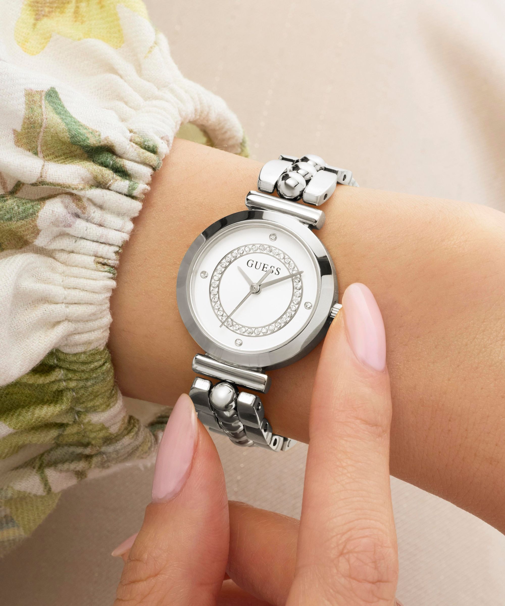 Guess Quarzuhr »LEENA« Armbanduhr, Damenuhr, Edelstahlarmband, analog