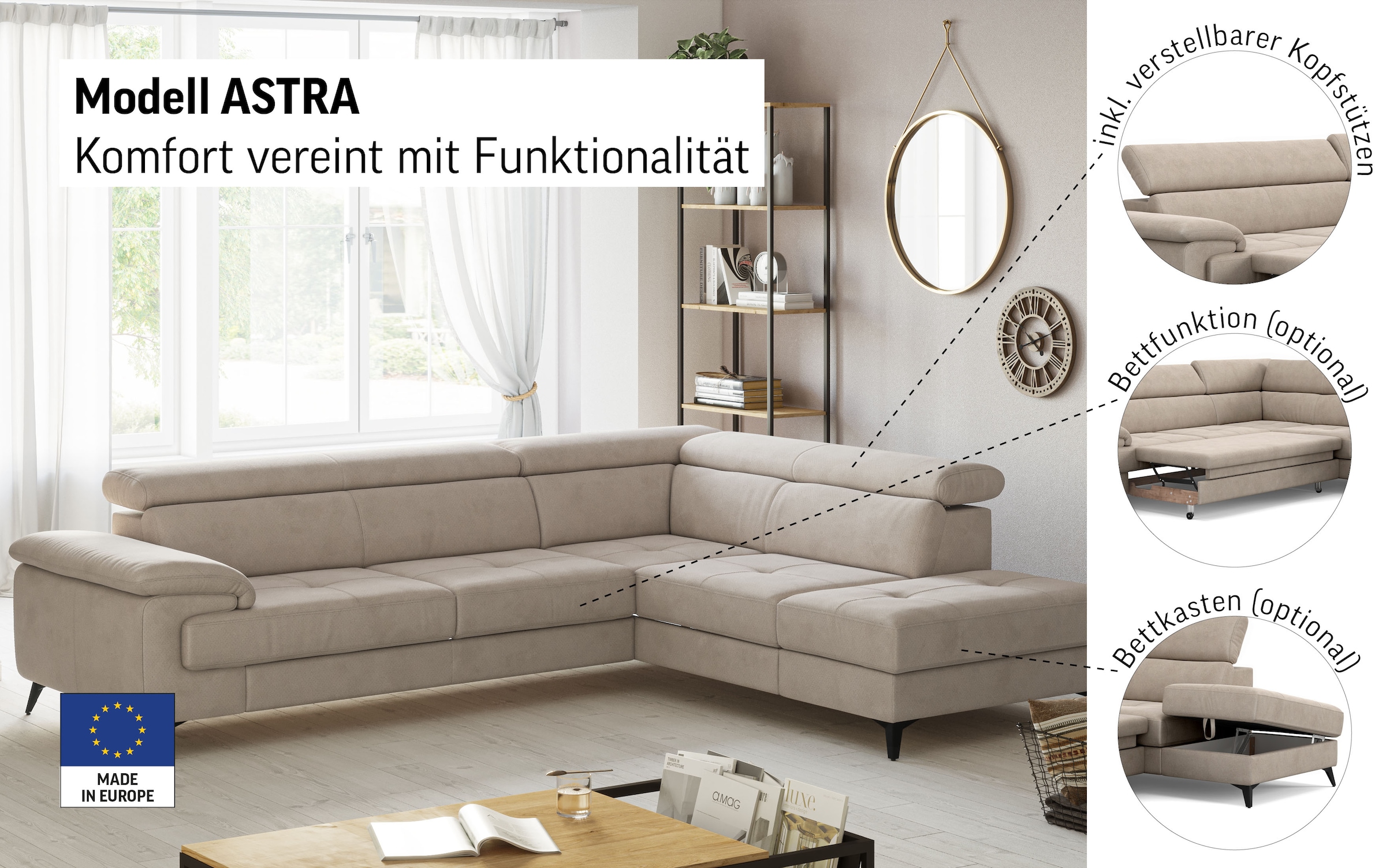 COTTA Ecksofa »Astra L-Form, B: 286 cm« mit Kopfteilverstellung, optional Bettfunktion & Bettkasten