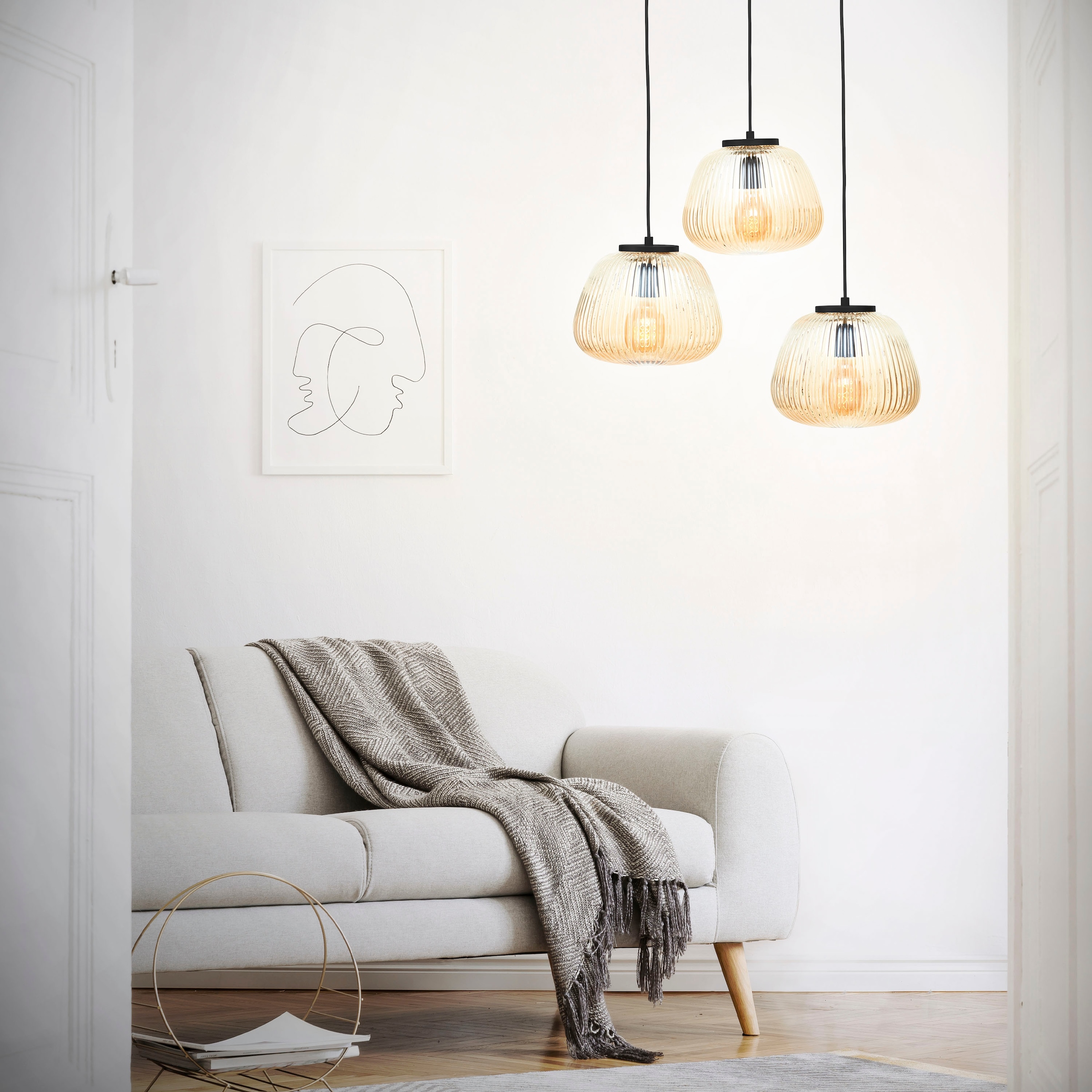 Brilliant Pendelleuchte »Kaizen«, 3 flammig, Leuchtmittel E27 | ohne Leuchtmittel, Riffelglas, D 40 cm, E27, kürzbar, Amber-Bernsteinfarben