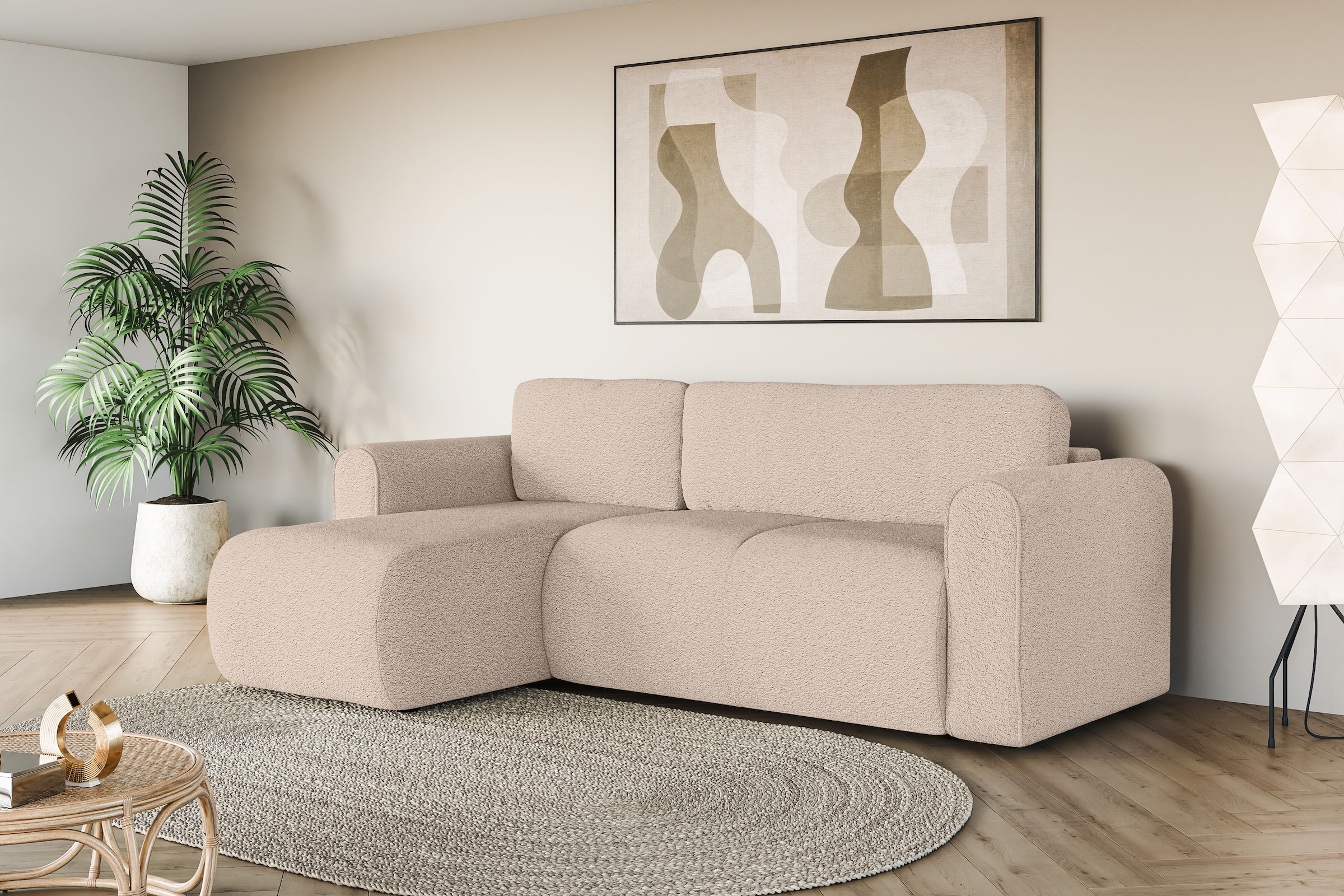 INOSIGN Ecksofa »Zacharia wahlweise Schlafsofa mit Bettkasten, B/T/H 250/166/86 cm«, L-Form mit Wellenunterfederung, Recamiere beidseitig montierbar