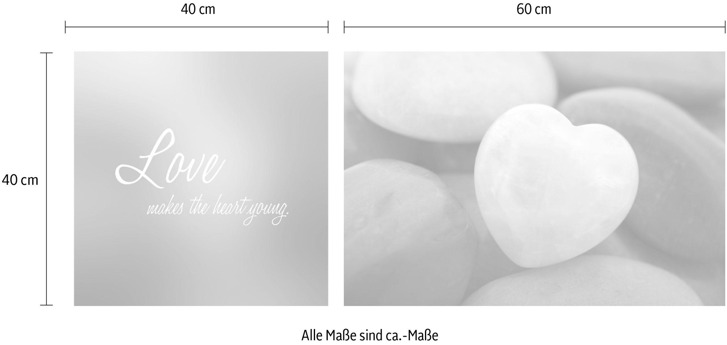 queence Leinwandbild »Love«, Herz-Herzbilder-Kunst-Modern-Spa-Spa Bilder-Sprüche-Sprüche & Texte-Schriftzug-Schriftzüge-Stein, (Set), Premium-Leinwandstoff, Handarbeit aus Deutschland, Spruch, 2er Set
