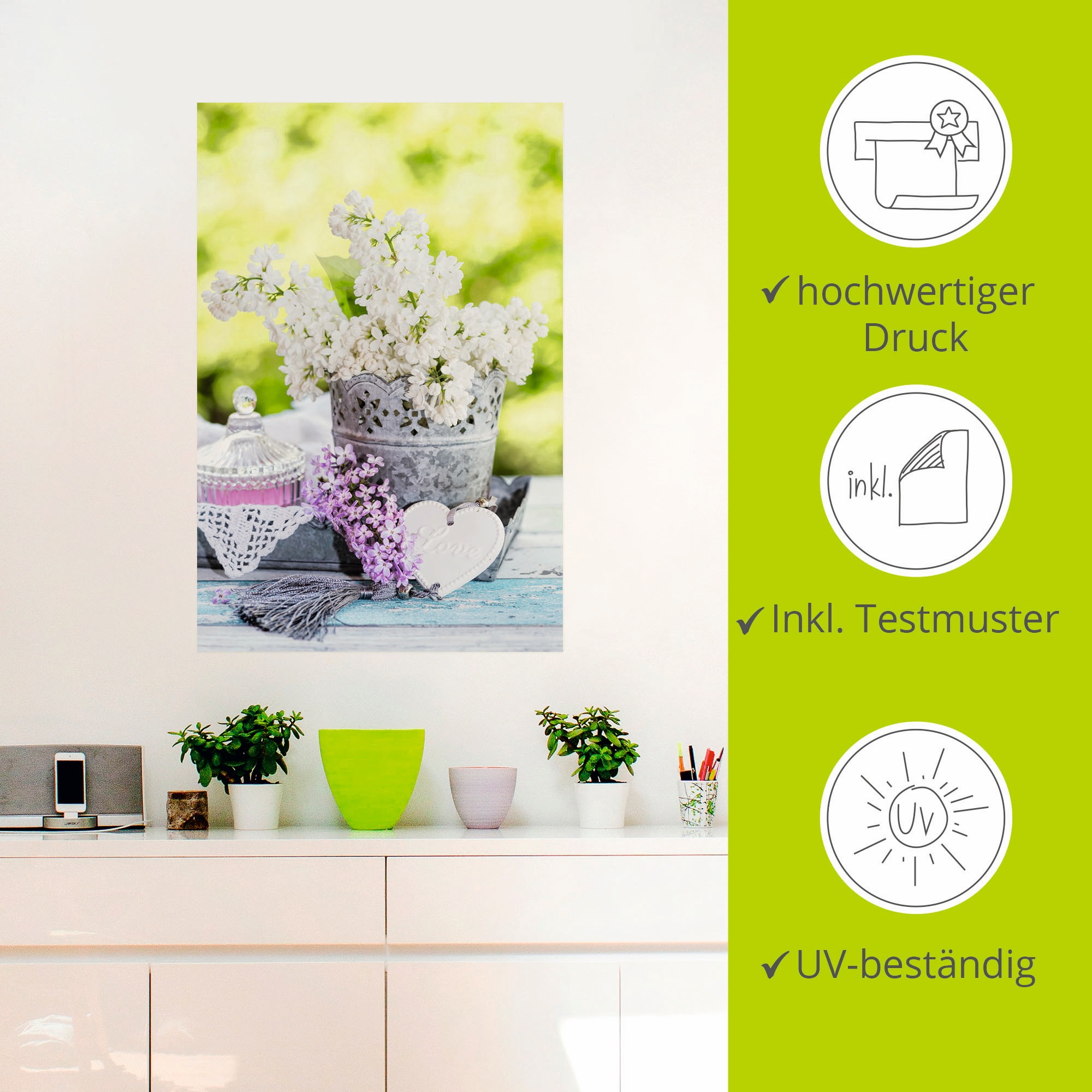 Artland Wandbild »Flieder und Shabby Chic Stillleben I«, Blumen, (1 St.), als Leinwandbild, Poster, Wandaufkleber in verschied. Größen