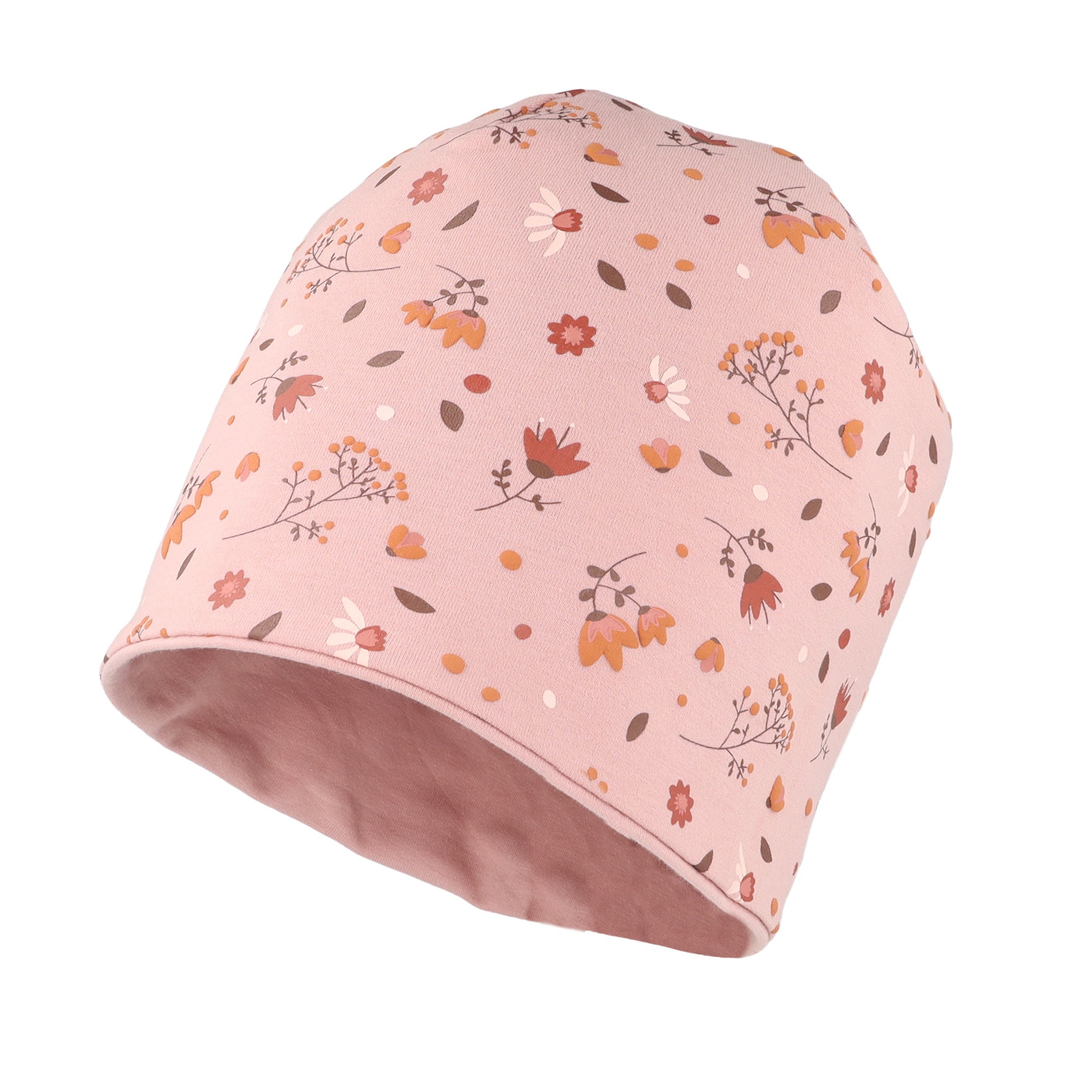MAXIMO Beanie Wendemütze, herbstlicher Blumen-Alloverprint, unifarbene Innenseite
