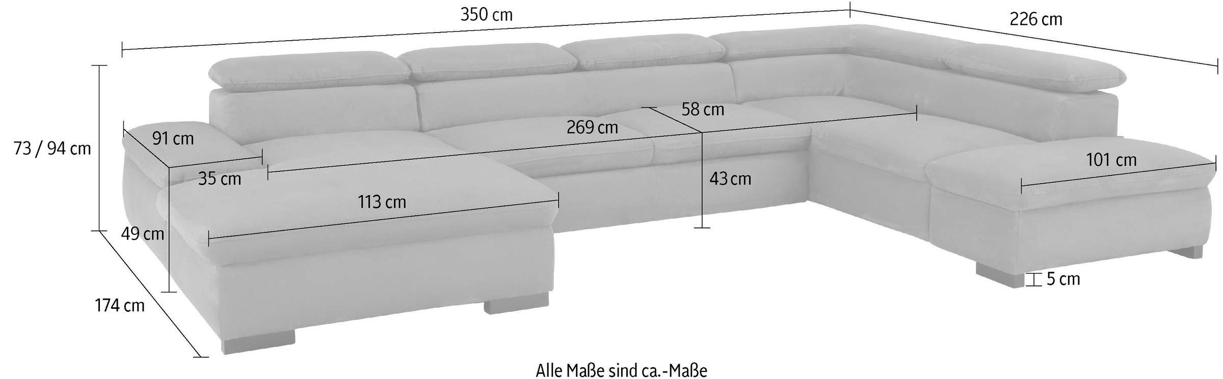 Home affaire Wohnlandschaft »Alberto U-Form«, mit Kopfteilverstellung, wahlweise mit Bettfunktion