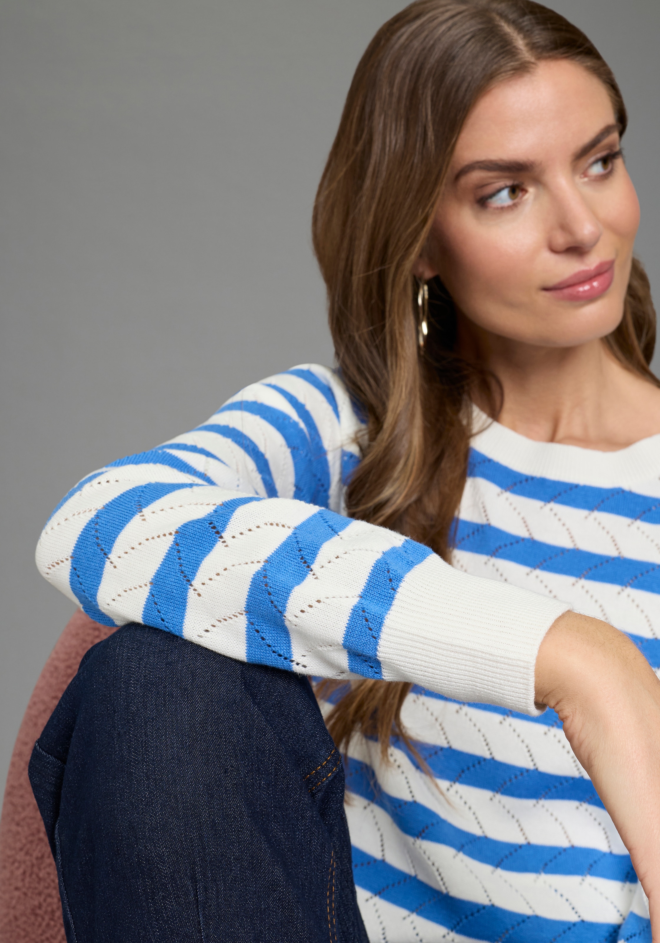 Laura Scott Ajourpullover leichter Übergangspullover mit moderner Struktur und Streifen