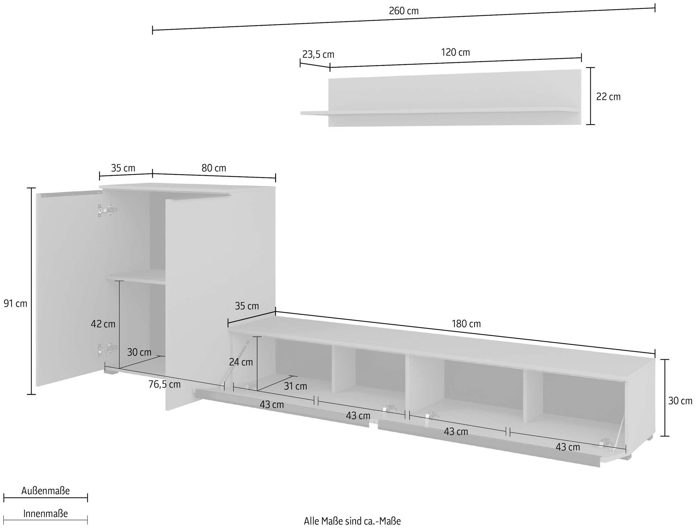 INOSIGN Wohnwand »Tana, Breite 260 cm, moderne Anbauwand«, (3 St.), Mediawand (Set, 3-St), Lowboard, Wandregal, Kommode